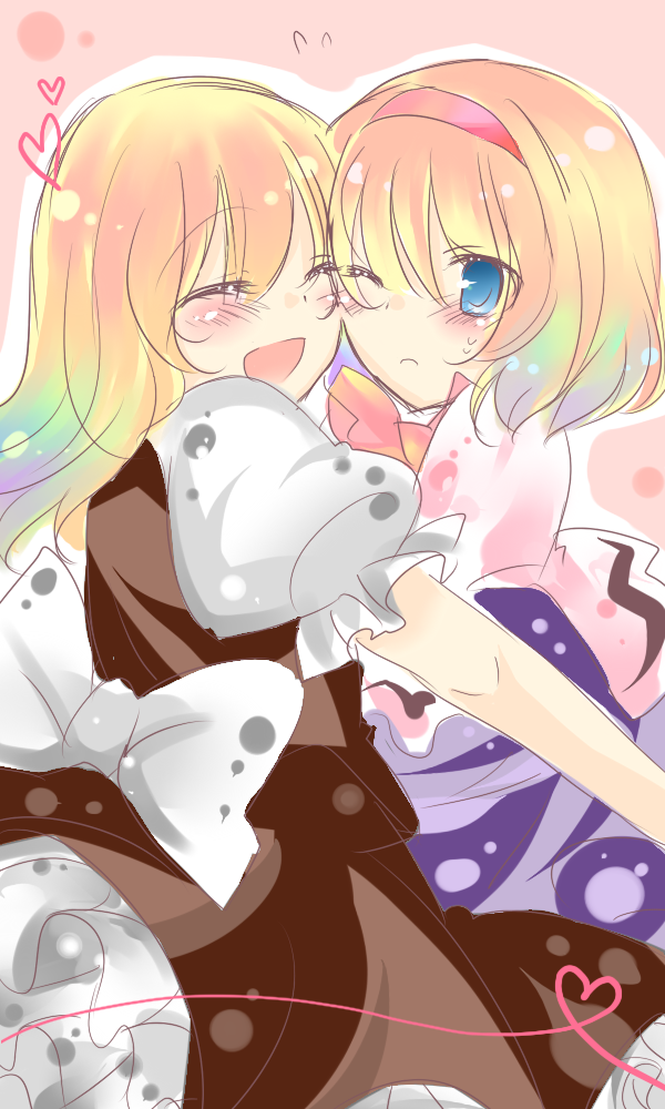 shigure (pixiv285284), tayashigu (suisyounohosizora), alice margatroid, kirisame marisa, touhou, bad id, bad pixiv id, 2girls, :<, ^ ^, blonde hair, closed eyes, female focus, frown, multiple girls