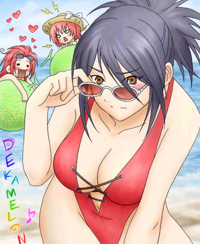 fujibayashi sheena, fujibayashi sheena (queen of the beach), presea combatir, seles wilder, zelos wilder, namco, tales of (series), tales of symphonia, lowres, >:o, 00s, 1boy, 2girls, :d, :o, = =, adjusting eyewear, age difference, angry, beach, black hair, blush, bow, breasts, brother and sister, brown eyes, casual one-piece swimsuit, chibi, cleavage, closed eyes, closed mouth, cloud, cowboy shot, cross-laced clothes, day, expressionless, eyes visible through hair, eyewear on head, food, fruit, hair between eyes, hat, hat bow, heart, high ponytail, highleg, highleg one-piece swimsuit, large breasts, leaning forward, lightning bolt symbol, long hair, looking at viewer, melon, messy hair, multiple girls, musical note, navel, no pupils, o o, ocean, official alternate costume, one-piece swimsuit, open mouth, outdoors, ponytail, rainbow order, red hair, red one-piece swimsuit, short hair, short ponytail, siblings, sidelocks, sky, smile, spoken heart, sun hat, sunglasses, surprised, swimsuit, triangle mouth, v-shaped eyebrows, water, white bow