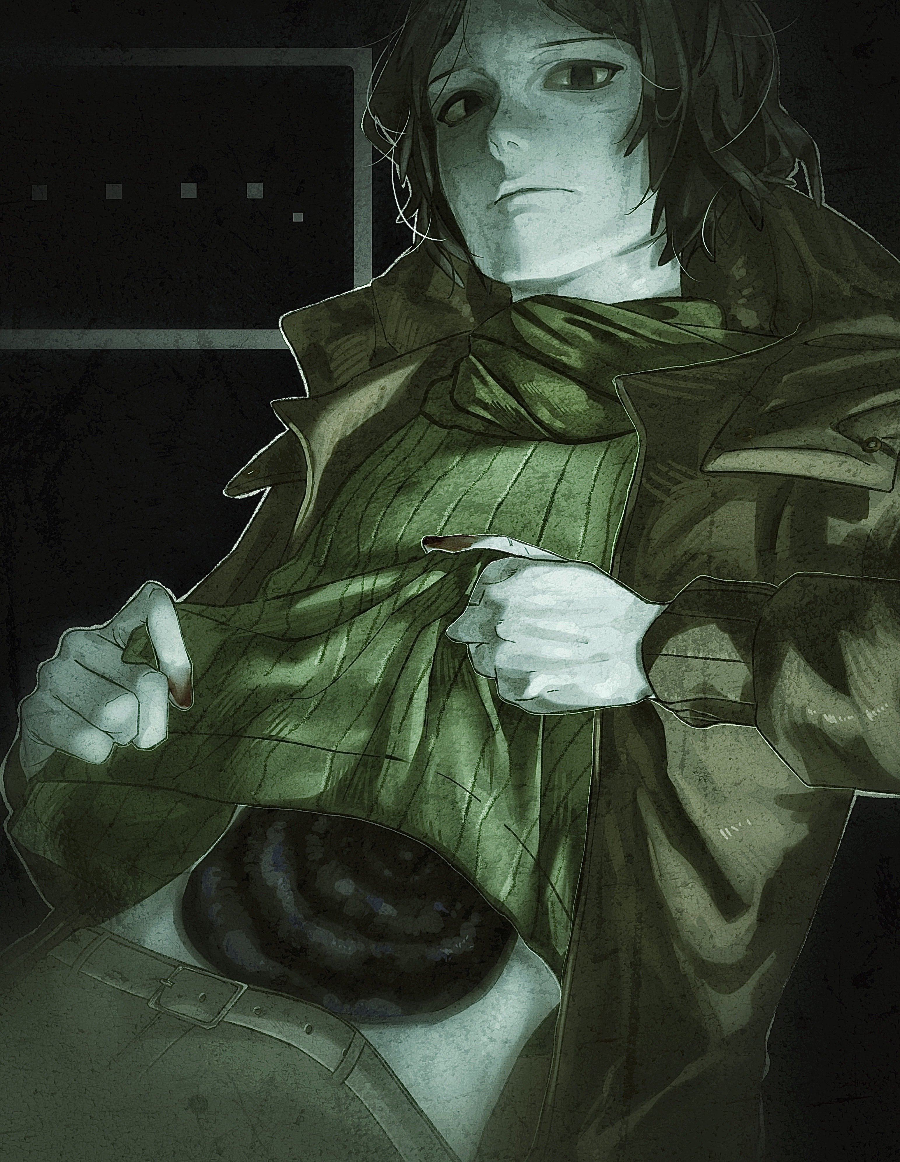 katsumira, coat guy (no i'm not a human), no i'm not a human, absurdres, highres, …, 1boy, blank stare, coat, deadpan, green scarf, green sweater, hole in stomach, hole on body, lifting own clothes, looking at viewer, missing fingernails, open clothes, open coat, ribbed shirt, scarf, shirt, short hair, solo, sweater