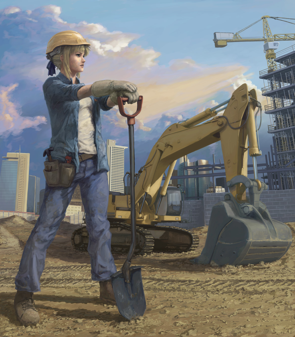 evokid, artoria pendragon (fate), saber (fate), fate/stay night, fate (series), highres, 1girl, alternate costume, blonde hair, boots, caterpillar tracks, cityscape, cloud, construction, construction site, crane (machine), excavator, female focus, hammer, hard hat, helmet, outdoors, parody, pun, realistic, shovel, sky, sleeves rolled up, solo, worktool