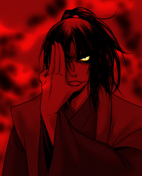 kouga gennosuke, basilisk (manga), code geass, 1boy, crossover, gradient background, japanese clothes, long hair, male focus, monochrome, parody, solo, spot color, upper body