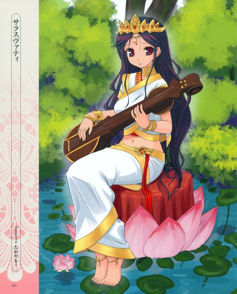 takayaki, saraswati, hindu mythology, moe moe megami jiten, 1girl, anklet, barefoot, bindi, black hair, bracelet, feet, female focus, flower, hinduism, indian, instrument, jewelry, lotus, pond, red eyes, ring, sitar, solo, tiara