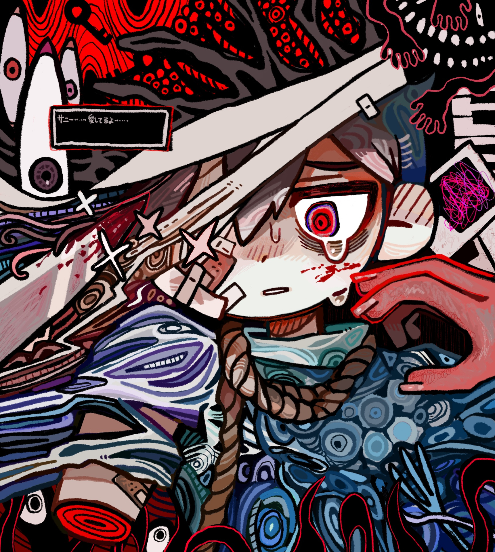 uminosoko44, sunny (omori), omori, highres, spoilers, translation request, 1boy, alternate eye color, amputee, bags under eyes, bandaged head, bandages, bandaid, bandaid on arm, bandaid on face, black hair, crying, crying with eyes open, double-parted bangs, male focus, noose, official alternate costume, official alternate eye color, parted lips, red eyes, rope, short hair, solo, something in the dark (omori), sunny (hospital gown) (omori), tears, upper body