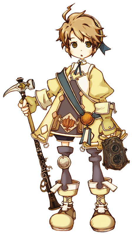 yoshioka kumiko, beat, beat (trusty bell), trusty bell, official art, 1boy, brown hair, camera, gloves, hammer, male focus, solo, twin-lens reflex camera