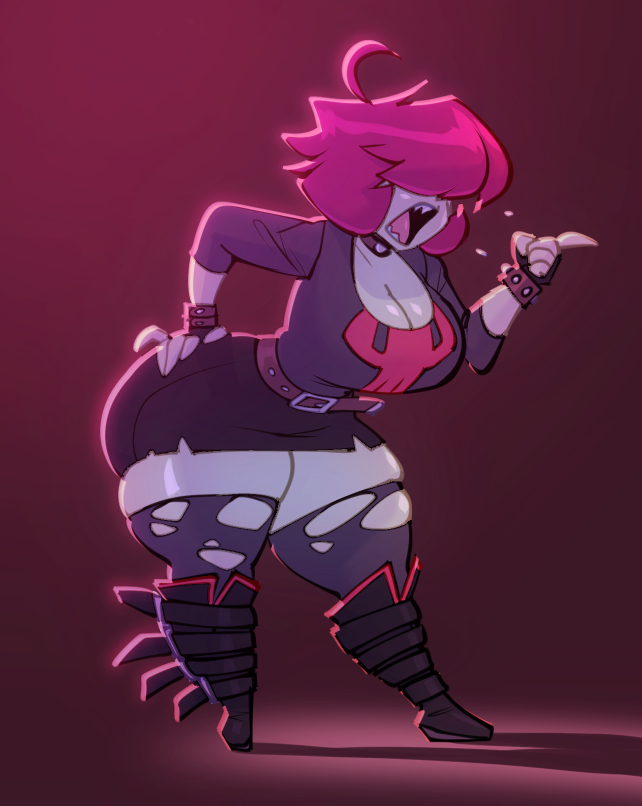 bigdad, gazlene membrane, invader zim, duplicate, 1girl, angry, belt, boots, bracelet, breasts, cleavage, collar, covered eyes, curvy, full body, goth fashion, hair over eyes, hand on own hip, jewelry, large breasts, open mouth, pink hair, pointing, purple thighhighs, sharp teeth, short hair, simple background, skindentation, skirt, skull print, solo, spiked bracelet, spikes, standing, teeth, thick thighs, thighhighs, thighs, torn clothes, torn thighhighs