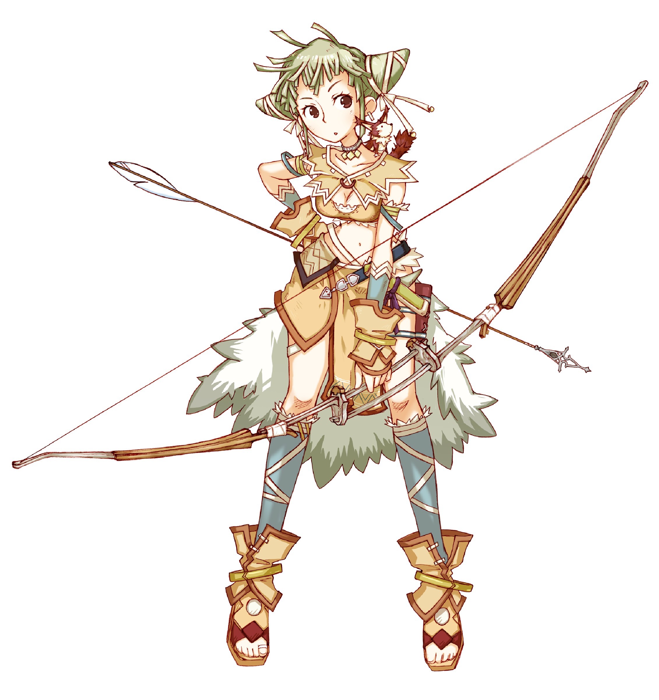 yoshioka kumiko, viola, trusty bell, absurdres, highres, official art, 1girl, bow (weapon), breasts, cleavage, cone hair bun, female focus, hair bun, midriff, solo, weapon