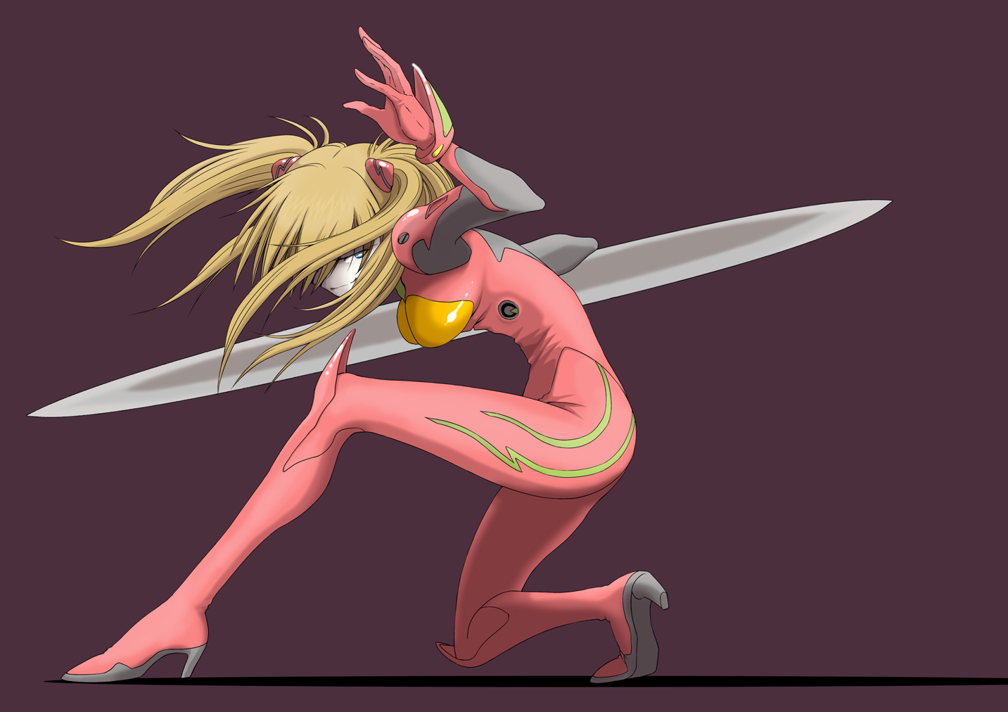 souryuu asuka langley, neon genesis evangelion, 1girl, ass, blonde hair, blue eyes, breasts, double blade, female focus, full body, hair ornament, hair over one eye, hanging breasts, high heels, holding, holding weapon, kneeling, long hair, mecha pilot suit, on one knee, pale skin, plugsuit (evangelion), solo, twintails, weapon, wide hips