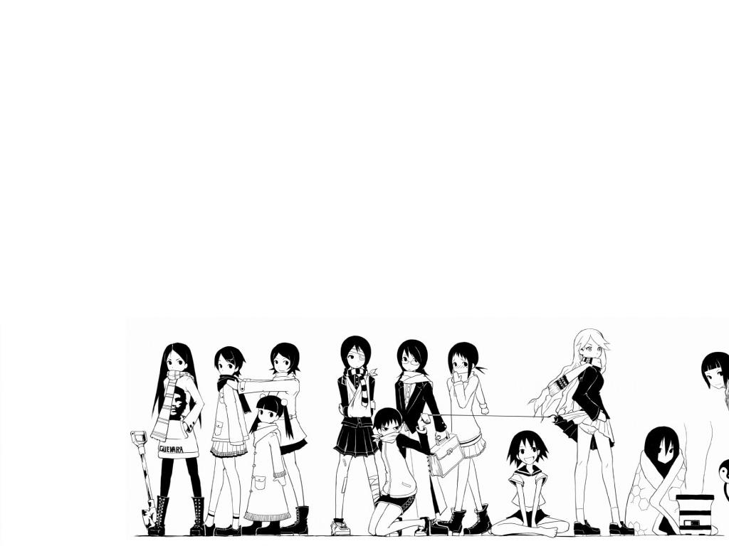 che guevara, fujiyoshi harumi, fuura kafuka, hitou nami, kaga ai, kimura kaere, kitsu chiri, kobushi abiru, komori kiri, mitama mayo, otonashi meru, sekiutsu maria tarou, tsunetsuki matoi, sayonara zetsubou sensei, jpeg artifacts, 00s, 6+girls, alternate costume, bag, bandage over one eye, bandages, bandaid, barefoot, bird, black hair, blanket, blonde hair, blood, blush, boots, braid, casual, clothes lift, contemporary, everyone, eyepatch, glasses, gloves, greyscale, hair ornament, hairclip, hook, long hair, long sleeves, monochrome, multiple girls, panties, pantyhose, pantyshot, penguin, pocket, ponytail, scarf, school bag, school uniform, serafuku, short hair, shovel, skirt, skirt lift, smile, text focus, twin braids, twintails, underwear, upskirt, walking, winter clothes, worktool