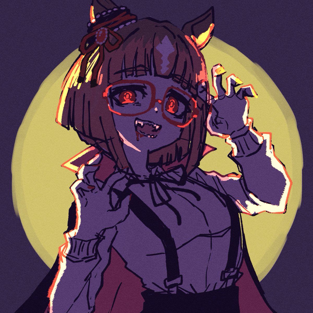 nenbutsu 0416, transcend (umamusume), umamusume, highres, 1girl, animal ears, bow, breasts, brown hair, cloak, ear ornament, ear ribbon, glasses, horse ears, horse girl, horse tail, long sleeves, looking at viewer, multicolored hair, red-framed eyewear, red eyes, shirt, short hair, simple background, smile, solo, tail, vampire, white hair