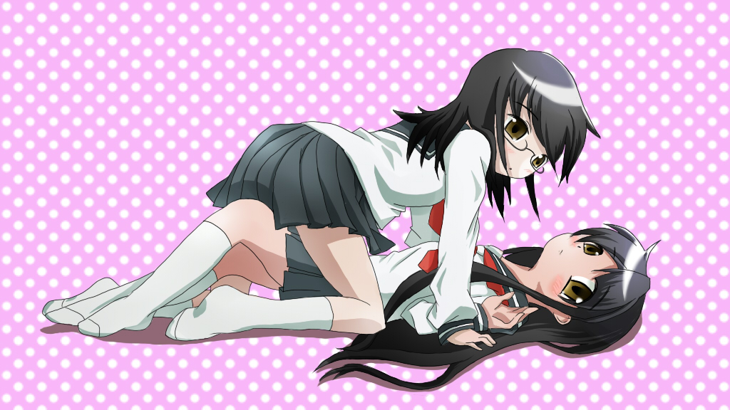 kago, fujiyoshi harumi, kitsu chiri, hidamari sketch, sayonara zetsubou sensei, bad id, bad pixiv id, derivative work, 2girls, company connection, glasses, looking at viewer, multiple girls, parody, school uniform, shaft (company), socks, yuri