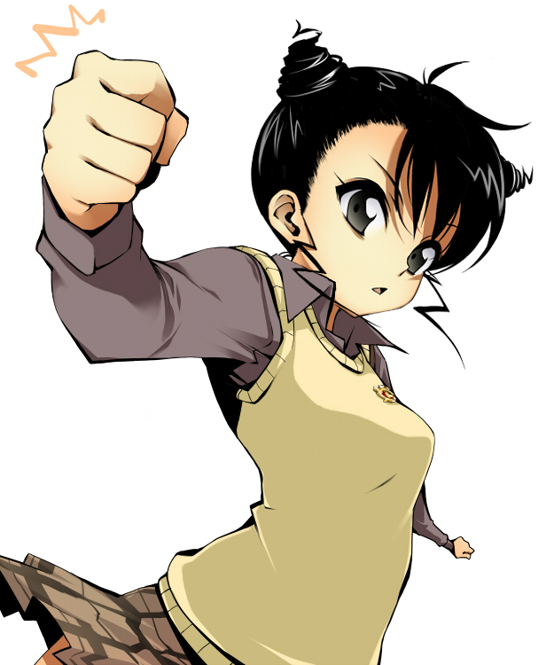 saotome suzume, hyakko, 00s, 1girl, black eyes, black hair, cone hair bun, double bun, female focus, hair bun, punching, school uniform, simple background, skirt, solo