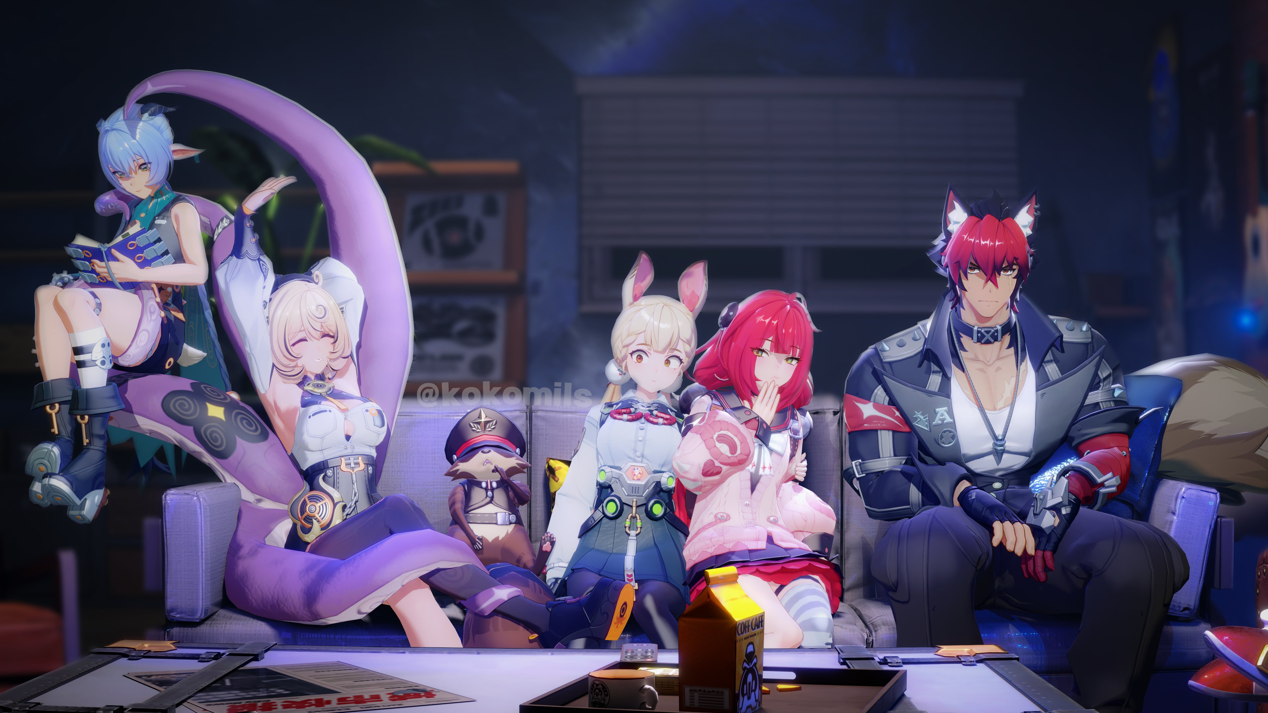 alice thymefield, komano manato, lucia (zenless zone zero), ukinami yuzuha, yidhari (zenless zone zero), mihoyo, zenless zone zero, braided twintails, absurdres, highres, 1boy, 3d, 4girls, animal ears, arms up, artist name, asymmetrical shorts, bare shoulders, black choker, black hat, black jacket, black unitard, blonde hair, blue hair, book, braid, breasts, cardigan, choker, couch, cushion, detached sleeves, dog boy, dog ears, goat, goat horns, green eyes, hair ornament, hand on own face, hat, heterochromia, high-waist shorts, holding, holding book, horns, indoors, jacket, kokomils, large breasts, long hair, looking at viewer, loose thighhigh, low twin braids, low twintails, monster girl, multicolored hair, multiple girls, muscular, muscular male, octopus, on couch, pectorals, pink cardigan, pointy ears, rabbit ears, rabbit girl, raccoon, reading, red bandage, red eyes, red hair, scar, scar on chest, scared, shirt, short hair, shorts, sitting, smile, sphere hair ornament, spiked jacket, stretching, table, tail, tanuki, tentacle girl, tentacle grab, tentacle tail, tentacles, thigh strap, thighhighs, thiren, twin braids, twintails, very long hair, watching television, white shirt, window, yellow eyes