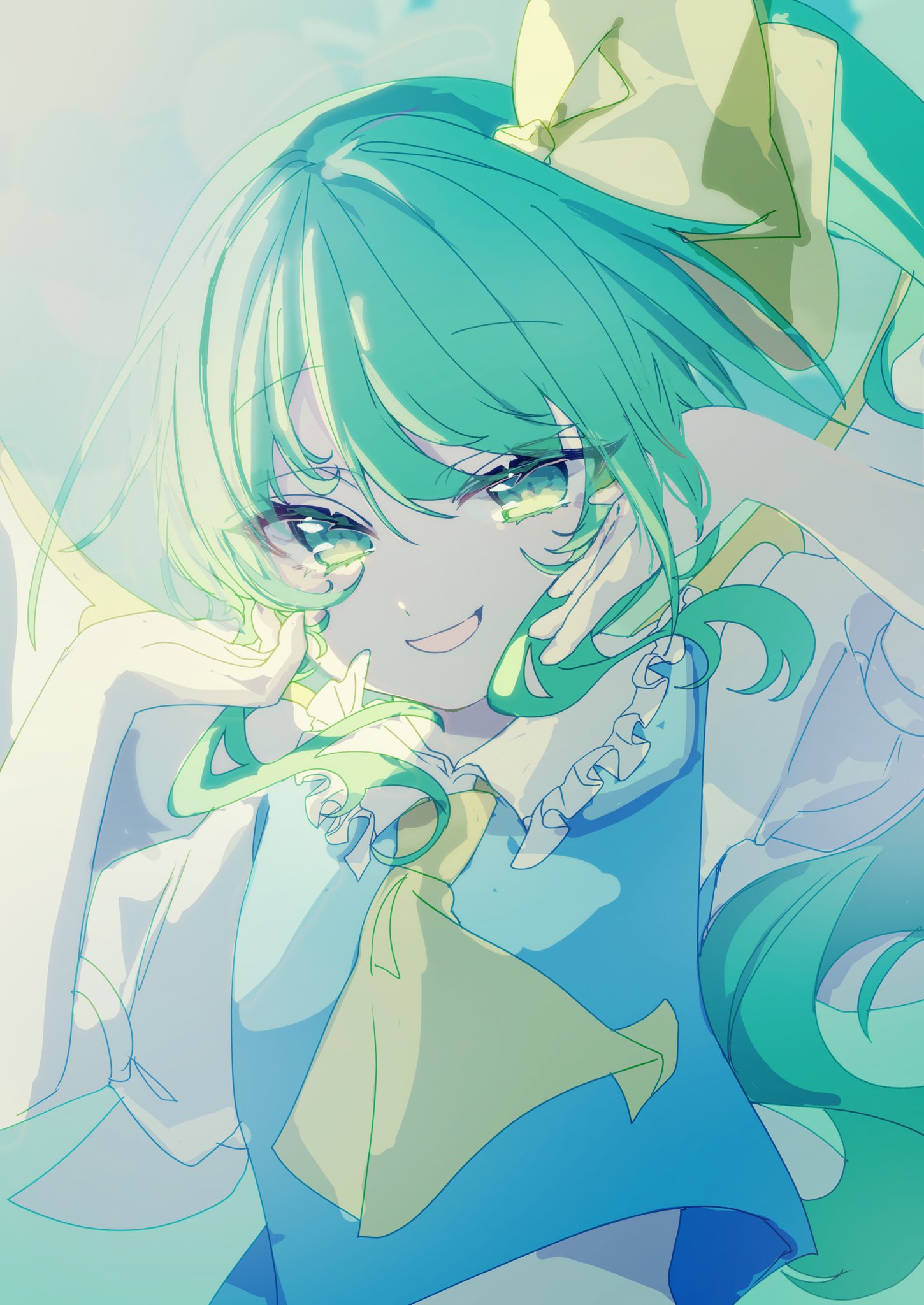 hayuk0, daiyousei, touhou, commentary, highres, 1girl, ascot, blue vest, bow, fairy, fairy wings, frilled sailor collar, frills, green eyes, green hair, hair bow, hands up, long hair, looking at viewer, puffy short sleeves, puffy sleeves, sailor collar, shirt, short sleeves, side ponytail, sidelighting, sidelocks, smile, solo, upper body, very long hair, vest, white shirt, wings, yellow ascot, yellow bow