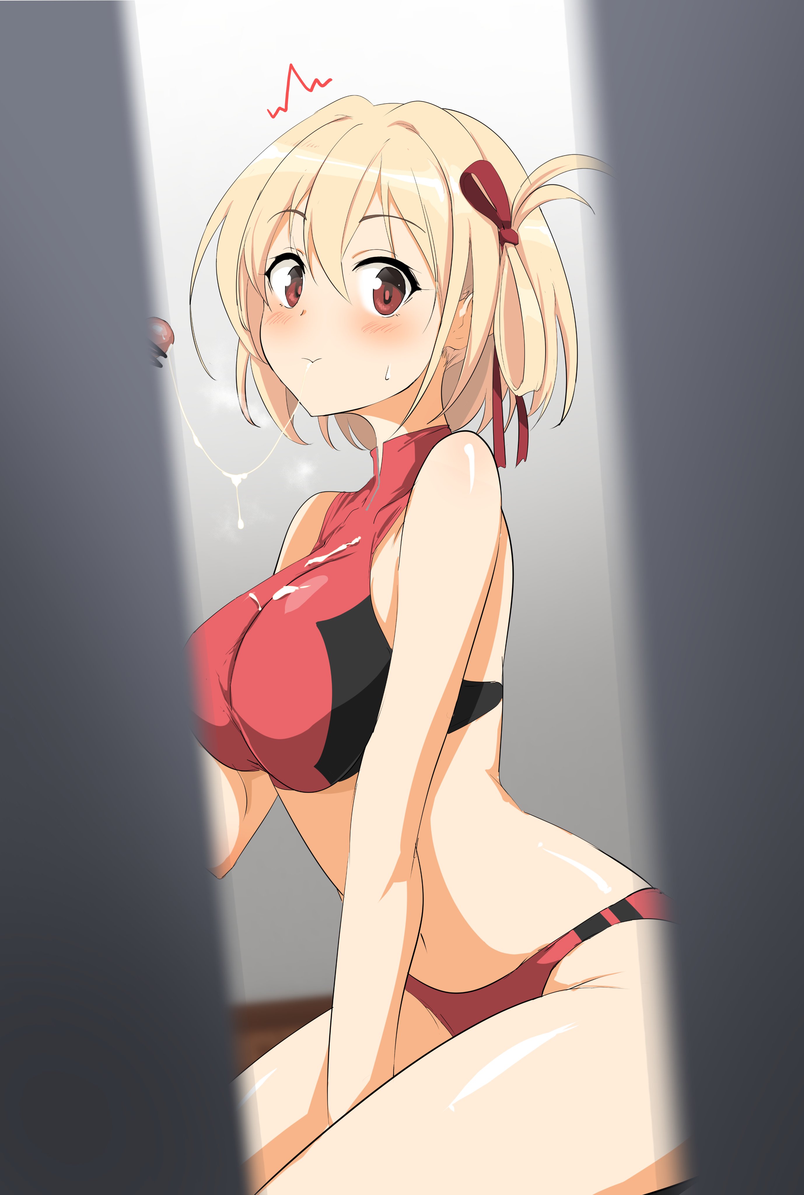 momio, nishikigi chisato, lycoris recoil, absurdres, highres, 1boy, 1girl, after fellatio, blonde hair, blush, breasts, buruma, caught, cum, cum on body, cum on breasts, cum on upper body, hair ribbon, large breasts, looking at viewer, official alternate costume, penis, red buruma, red eyes, red ribbon, red sports bra, ribbon, short hair, sidelocks, sports bra, sportswear, thighs