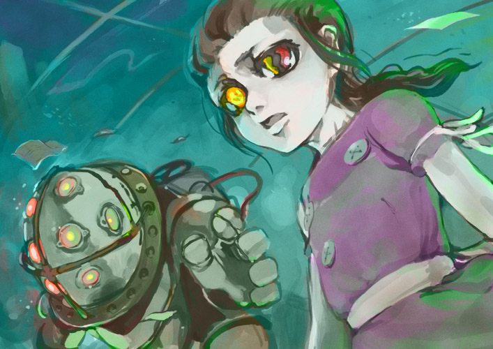 rokumen saikoro, big daddy (bioshock), little sister (bioshock), bioshock, bioshock (series), bioshock 1, 1girl, animification, brown hair, child, multicolored eyes, ponytail