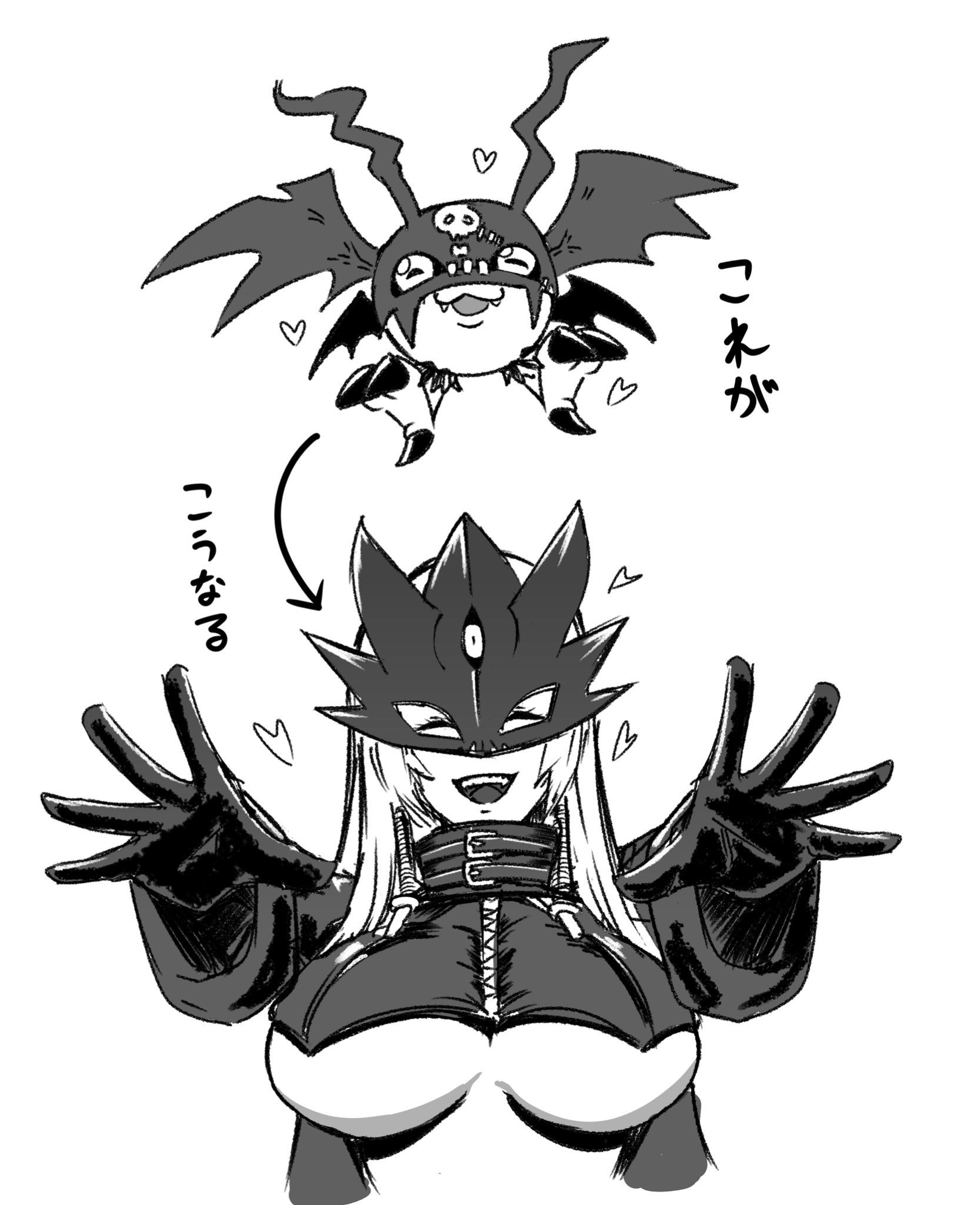 kedama (touhou0514), beelstarmon, digimon, digimon story: time stranger, character request, highres, 1girl, breasts, closed mouth, digimon (creature), eye mask, gloves, heart, large breasts, long hair, mask, monochrome, open mouth, outstretched hand, revealing clothes, sketch, smile, spoken heart, teeth, underboob, upper teeth only