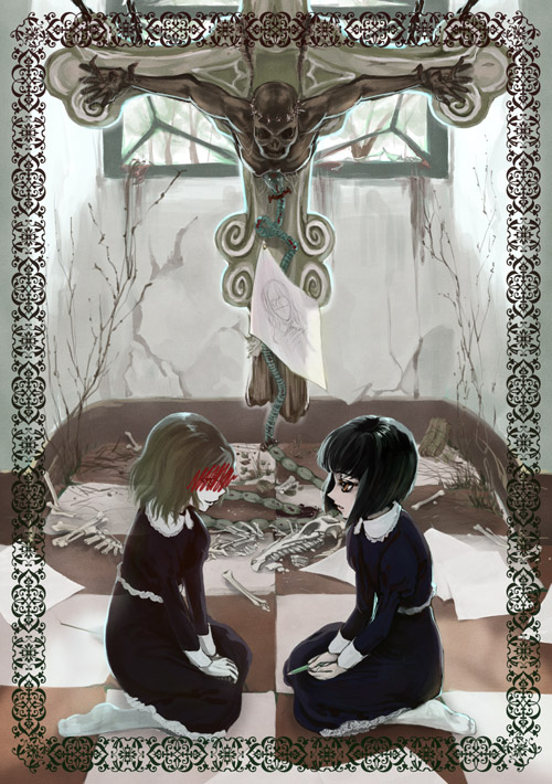 rokumen saikoro, scribble, bone, censored, corpse, cross, crucifixion, death, goth fashion, pantyhose, scribble censor, skull