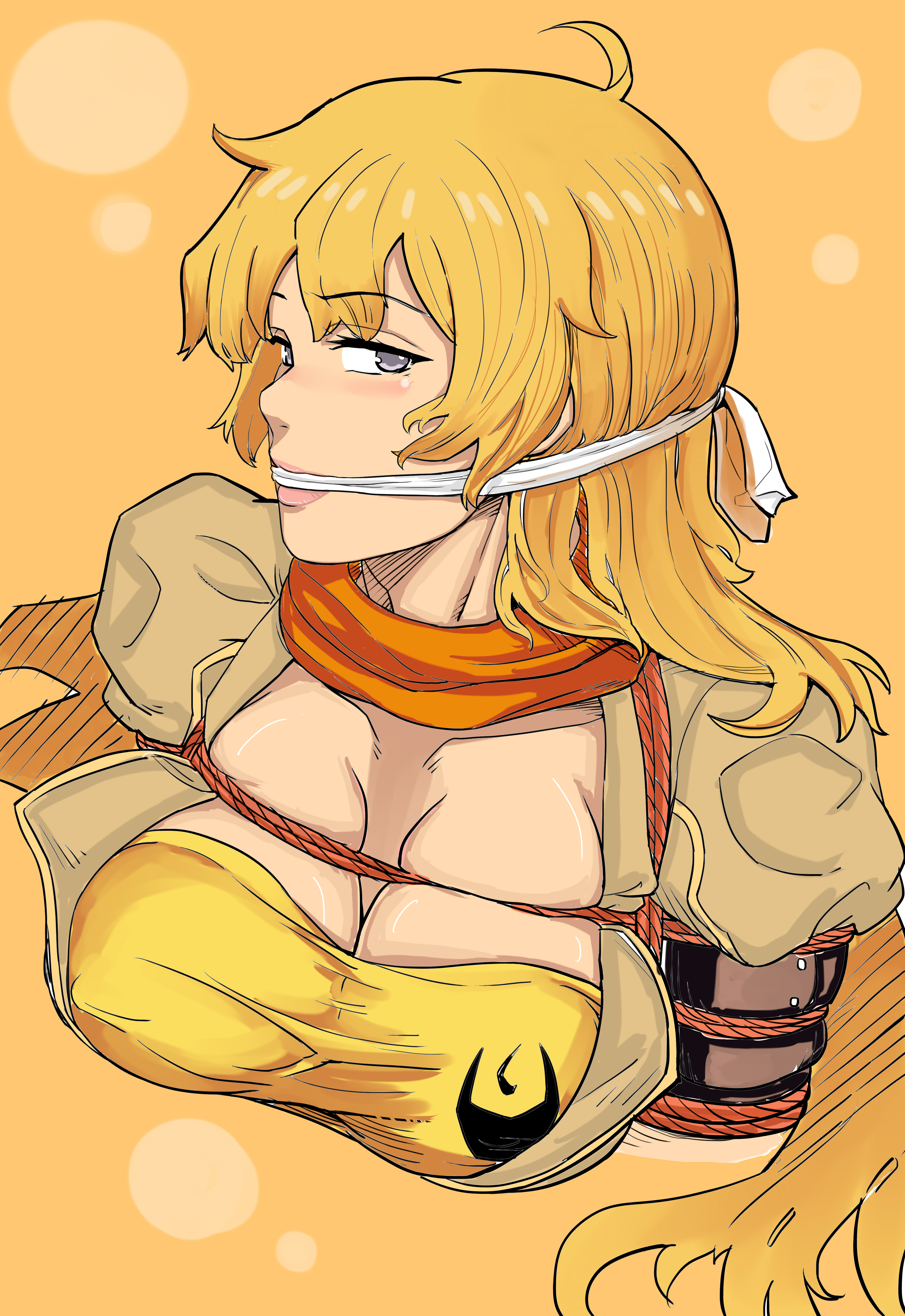 wei suo biao shu, yang xiao long, rwby, absurdres, highres, 1girl, bdsm, blonde hair, bondage, bound, bound arms, breasts, cleavage, cleave gag, cloth gag, gag, gagged, improvised gag, long hair, medium breasts, orange scarf, purple eyes, restrained, scarf, shibari, smile