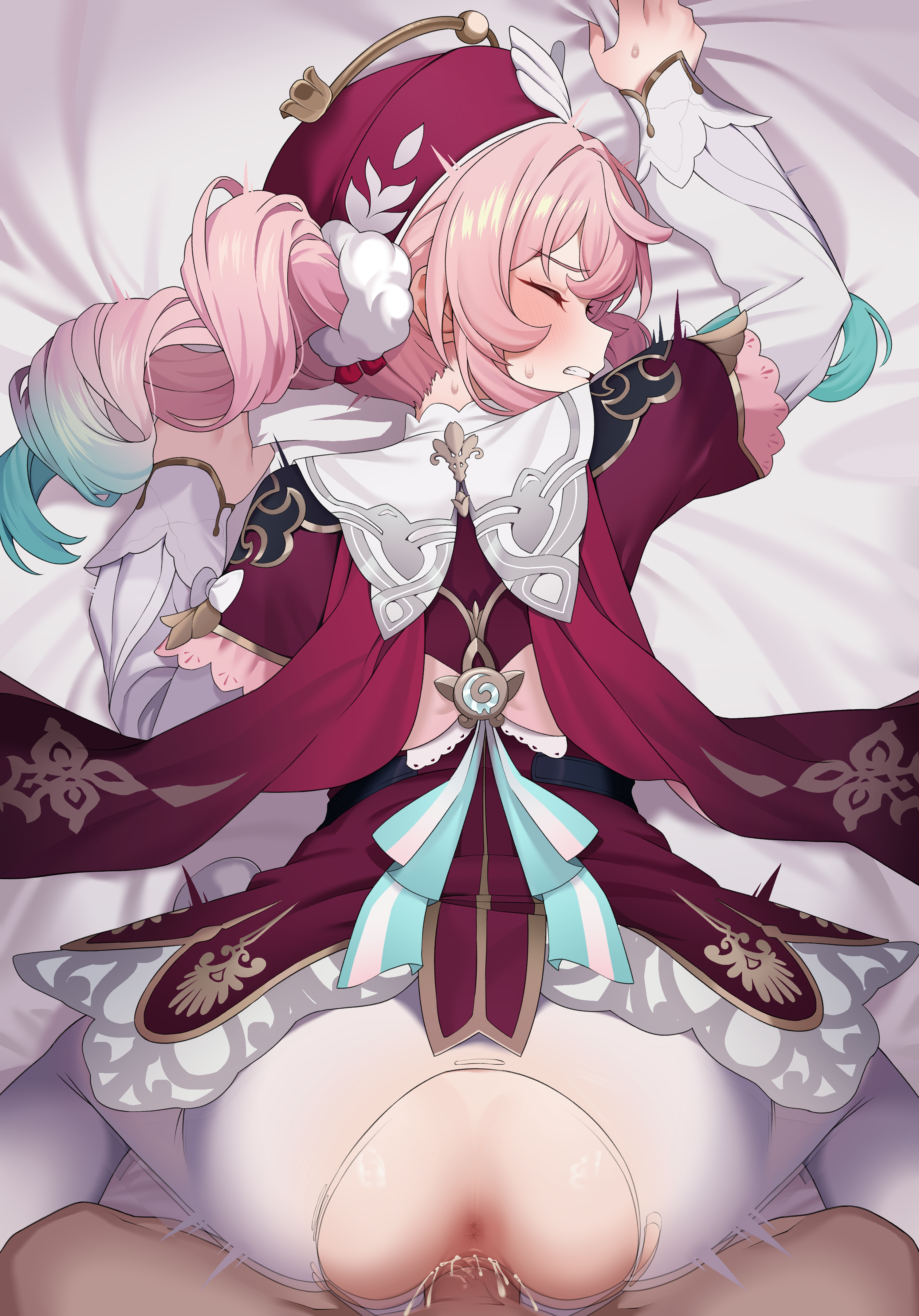 0haribo0, hyacine (honkai: star rail), honkai: star rail, honkai (series), absurdres, highres, 1boy, 1girl, anus, aqua hair, ass, bed sheet, blush, clenched teeth, closed eyes, clothed female nude male, cum, cum in pussy, doggystyle, dress, drill hair, gradient hair, hair ornament, hat, hetero, long hair, long sleeves, multicolored hair, nude, on bed, pantyhose, pink hair, pov, red dress, red hat, sex, sex from behind, sheet grab, sweat, teeth, torn clothes, torn pantyhose, twin drills, twintails, uncensored, white pantyhose