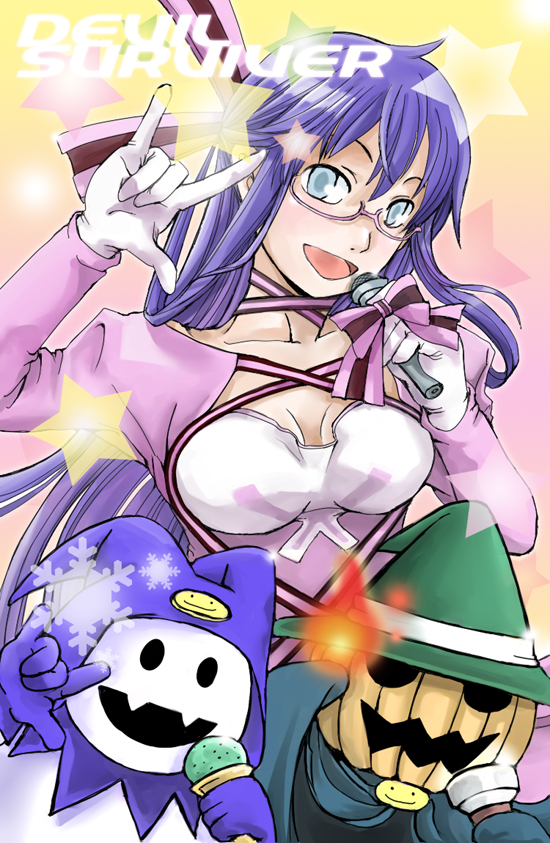 jouban, tokiwa (mukoku), jack frost (megami tensei), komaki midori, pyro jack, devil survivor (series), devil survivor 1, macross, macross frontier, 1girl, blue eyes, blue hair, bow, breasts, choker, cleavage, demon (megami tensei), flashlight, food, glasses, gloves, hair bow, ice cream, long hair, m/, microphone, parody, ribbon, seikan hikou, star (symbol)