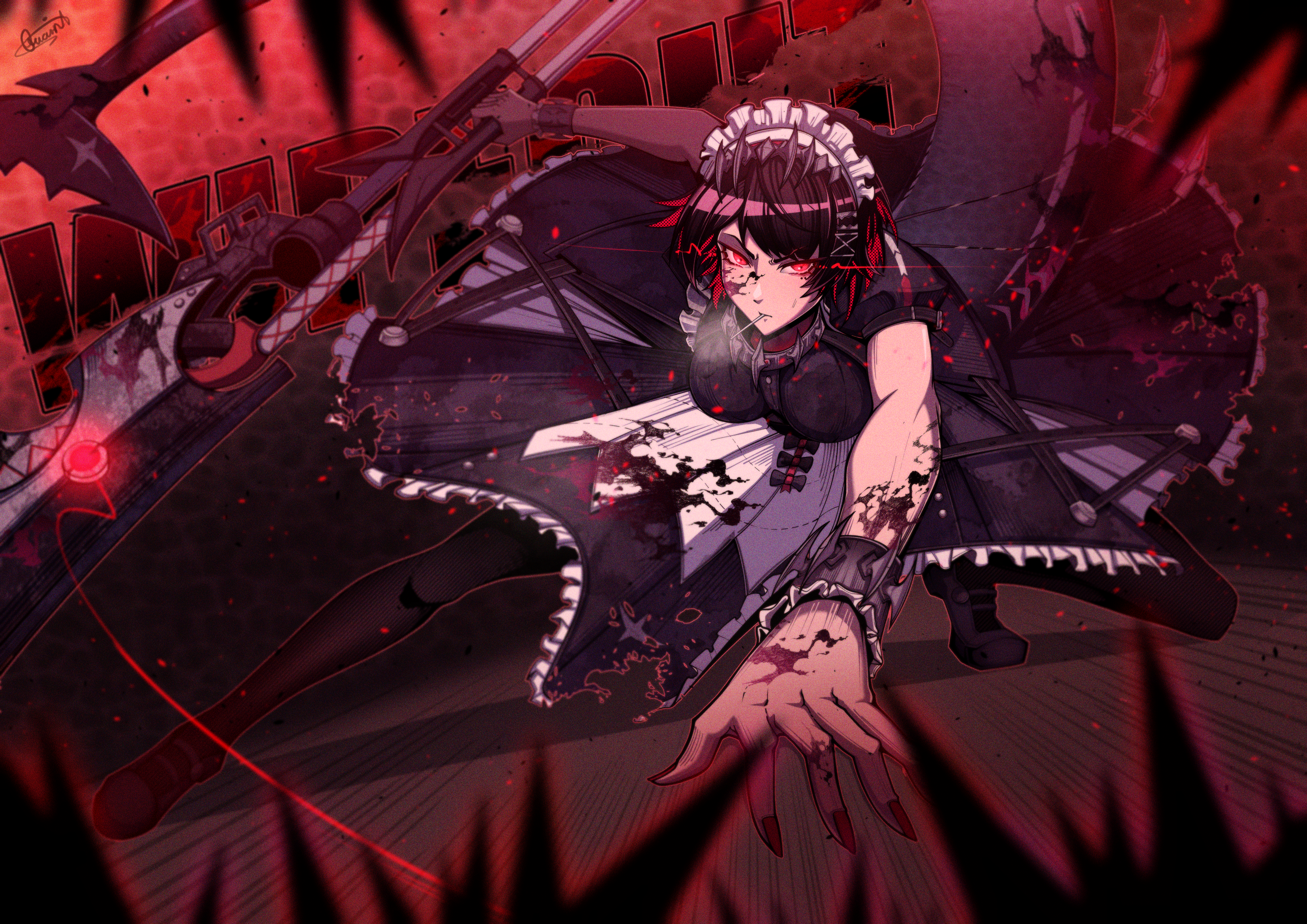 ellen joe, zenless zone zero, absurdres, highres, 1girl, apron, black dress, black hair, black pantyhose, black shirt, breasts, dress, eye trail, fins, fish tail, frilled dress, frills, hairband, holding, holding weapon, kneeling, large breasts, light trail, lollipop in mouth, long sleeves, maid, maid headdress, medium hair, multicolored hair, pantyhose, quaint uplet, red eyes, red hair, shark girl, shark tail, shirt, short hair, solo, spiked hairband, spikes, streaked hair, tail, torn clothes, torn dress, waist apron, weapon, white apron