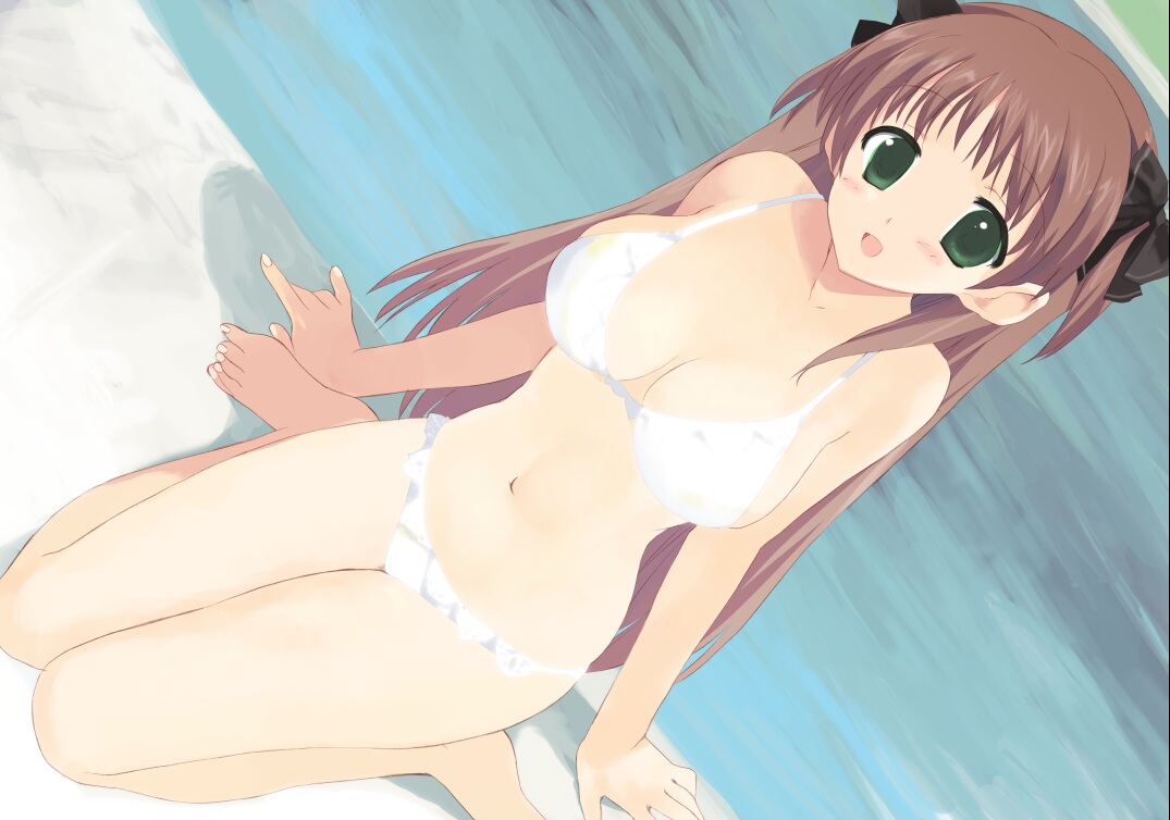 kusaka souji, amatsuka haruka, baby princess, 10s, 1girl, barefoot, beach, bikini, blush, bow, breasts, brown hair, cleavage, day, dutch angle, feet, female focus, green eyes, hair bow, kneeling, large breasts, long hair, outdoors, solo, swimsuit, water, white bikini