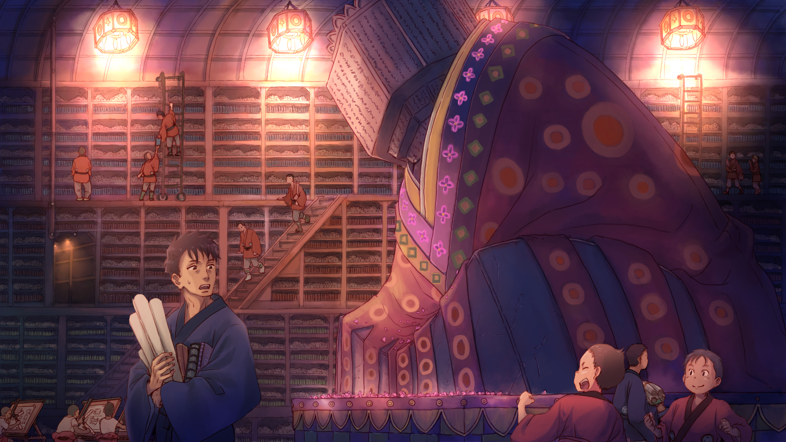 original, commentary request, highres, 4boys, black hair, blue kimono, brown hair, ceiling light, closed mouth, creature, holding, indoors, japanese clothes, kimono, library, long sleeves, looking at another, looking to the side, multiple boys, on ladder, open mouth, orange kimono, people, red kimono, scenery, short hair, sideways mouth, slice of life, smile, stairs, user tswx7328, very short hair, walking, wide sleeves