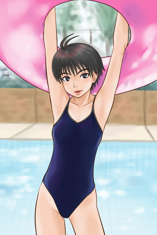 kimu, kikuchi makoto, idolmaster, idolmaster (classic), idolmaster 1, 00s, 1girl, antenna hair, armpits, arms up, brown eyes, brown hair, female focus, innertube, nature, one-piece swimsuit, outdoors, pool, short hair, smile, solo, swim ring, swimsuit