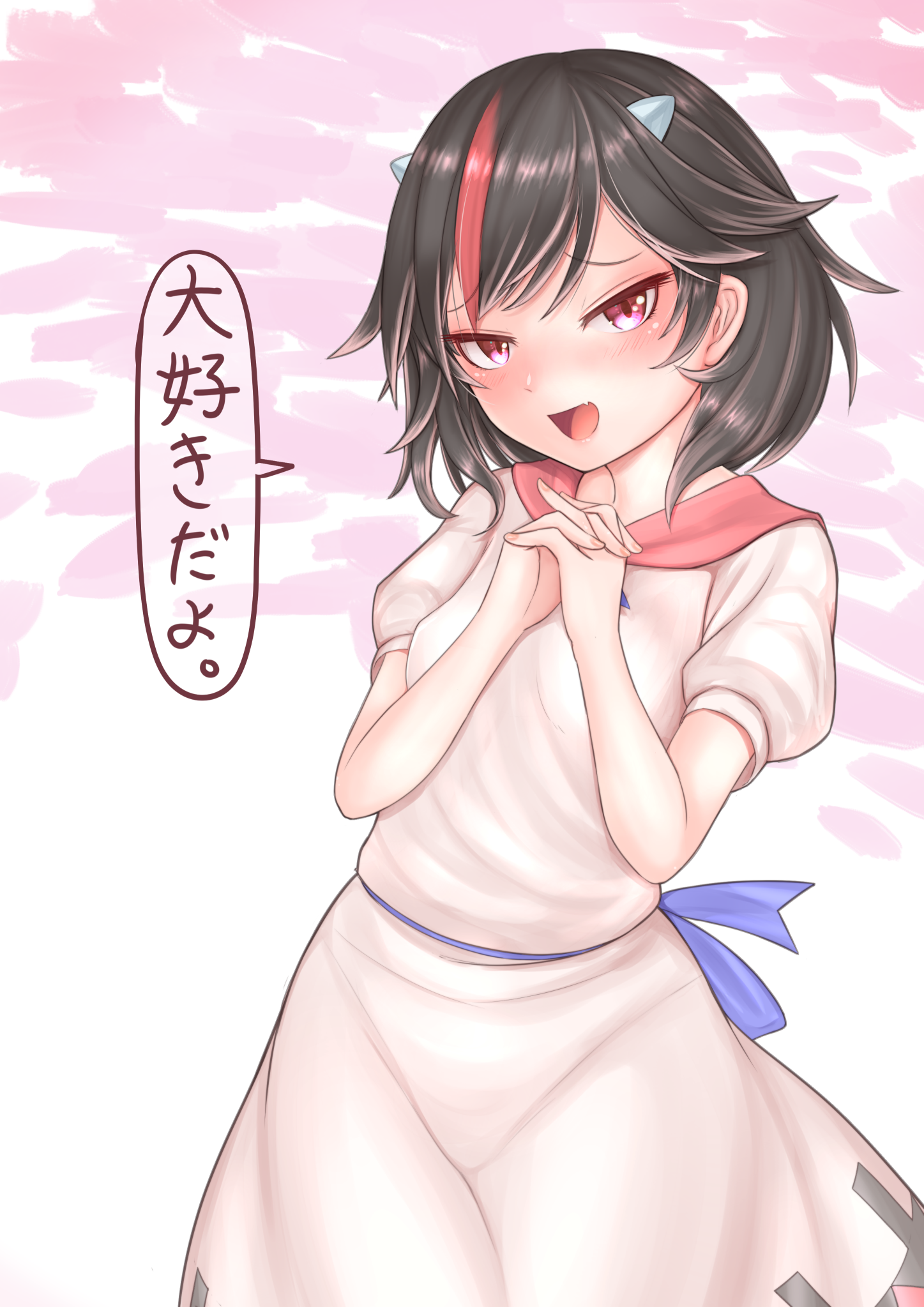harunoha, kijin seija, touhou, commentary request, highres, translation request, 1girl, :d, april fools, black hair, blue bow, blue bowtie, blue sash, blush, bow, bowtie, breasts, cone horns, cowboy shot, dress, fang, grey horns, horns, interlocked fingers, looking at viewer, multicolored hair, open mouth, own hands together, pink background, pink eyes, puffy short sleeves, puffy sleeves, red hair, sash, short hair, short sleeves, small breasts, small horns, smile, solo, streaked hair, white dress