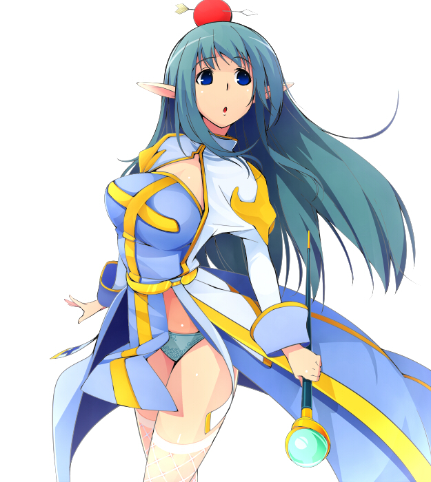 amami amayu, arch bishop (ragnarok online), ragnarok online, 1girl, apple, arrow (projectile), blue eyes, blue hair, breasts, elf, female focus, fishnets, food, fruit, green hair, large breasts, long hair, matching hair/eyes, panties, pantyshot, pointy ears, simple background, solo, staff, thighhighs, underwear, very long hair, wand, white background