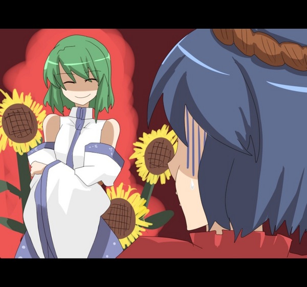 akatoro (nightlord), kazami yuuka, kochiya sanae, yasaka kanako, touhou, image sample, md5 mismatch, pixiv sample, resolution mismatch, source larger, 2girls, cosplay, detached sleeves, female focus, flower, green hair, kochiya sanae (cosplay), multiple girls, red eyes, short hair, sunflower