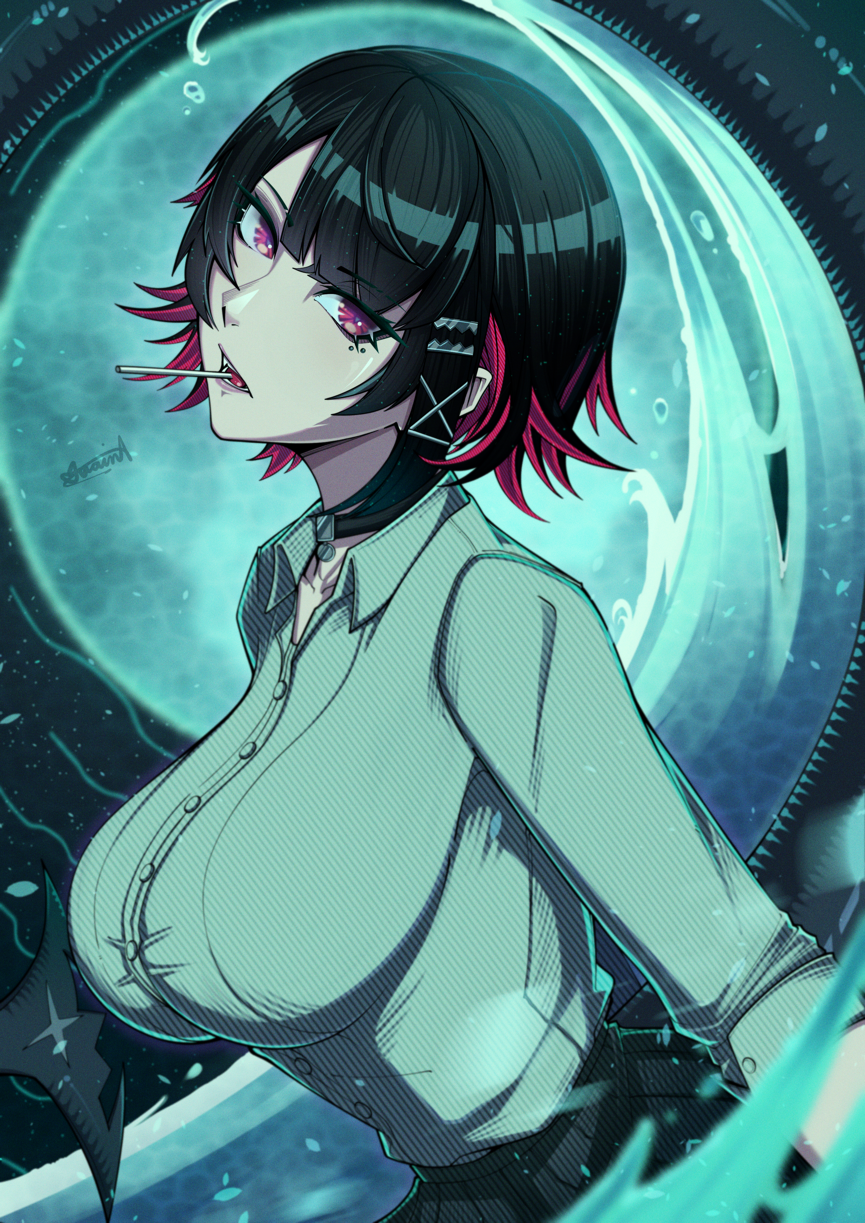 ellen joe, zenless zone zero, absurdres, highres, 1girl, black choker, black hair, black skirt, blunt bangs, breasts, choker, collared shirt, fins, fish tail, green zelda shirt and cargo shorts (meme), hair ornament, hairclip, large breasts, lollipop in mouth, long sleeves, meme, quaint uplet, red eyes, red hair, shark girl, shark tail, shirt, shirt tucked in, short hair, skirt, solo, tail, x hair ornament