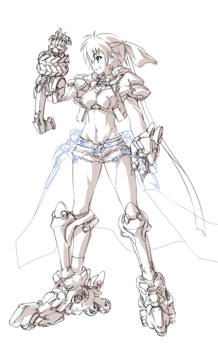 nekomamire, mach caliber, revolver knuckle, subaru nakajima, lyrical nanoha, mahou shoujo lyrical nanoha, mahou shoujo lyrical nanoha strikers, 00s, 1girl, alternate costume, armor, breasts, denim, denim shorts, female focus, full body, greyscale, grin, headband, midriff, monochrome, navel, short hair, short shorts, shorts, simple background, smile, solo, spot color, standing, white background