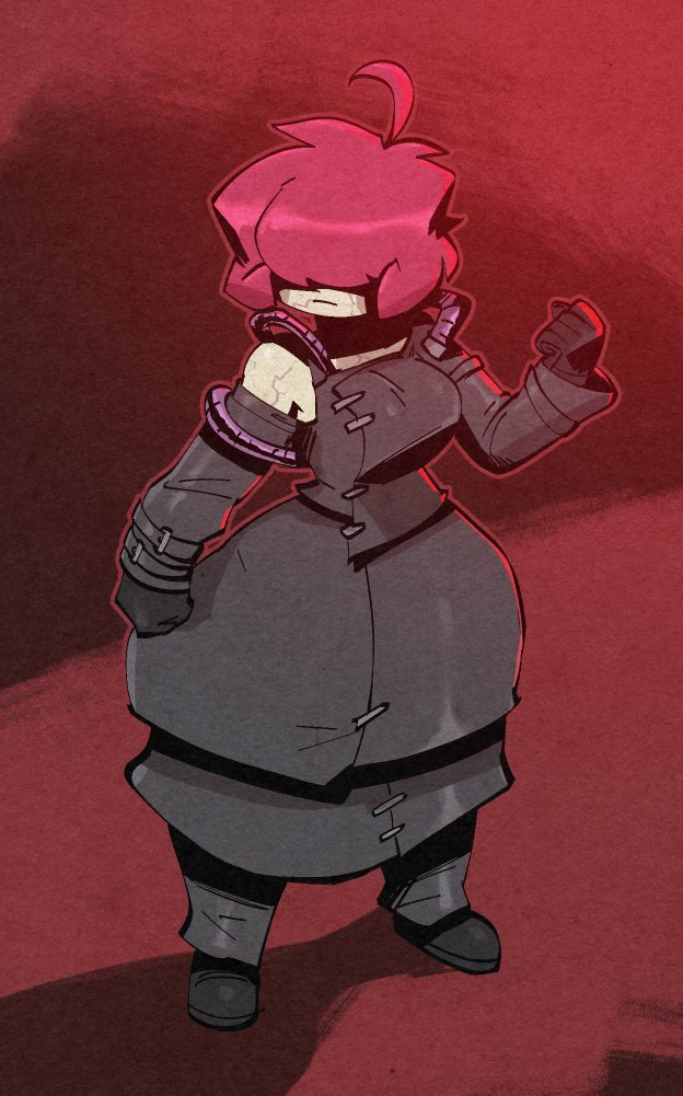 bigdad, gazlene membrane, nemesis (resident evil), invader zim, resident evil, resident evil 3: nemesis, commentary, english commentary, 1girl, aged up, ahoge, black boots, boots, breasts, clenched hand, closed mouth, cosplay, covered eyes, full body, gloves, hair over eyes, hand up, long sleeves, nemesis (resident evil) (cosplay), pink hair, shadow, short hair, simple background, single bare shoulder, solo, standing, wide hips