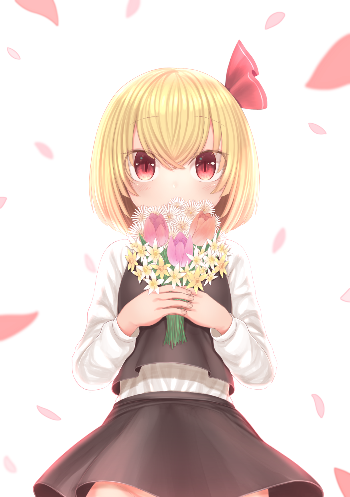 harunoha, rumia, touhou, commentary request, highres, 1girl, black skirt, black vest, blonde hair, blush, bouquet, bow, closed mouth, cowboy shot, fingernails, flower, hair bow, holding, holding bouquet, holding flower, long sleeves, looking at viewer, orange flower, pink flower, red bow, red eyes, shirt, short hair, skirt, skirt set, slit pupils, smile, solo, vest, white background, white flower, white shirt, yellow flower