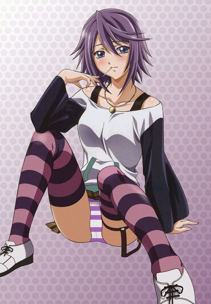shirayuki mizore, rosario+vampire, third-party edit, 00s, 1girl, blue eyes, blush, candy, female focus, food, lollipop, panties, pantyshot, purple hair, purple panties, short hair, sitting, solo, striped clothes, striped panties, striped thighhighs, thighhighs, underwear, upskirt