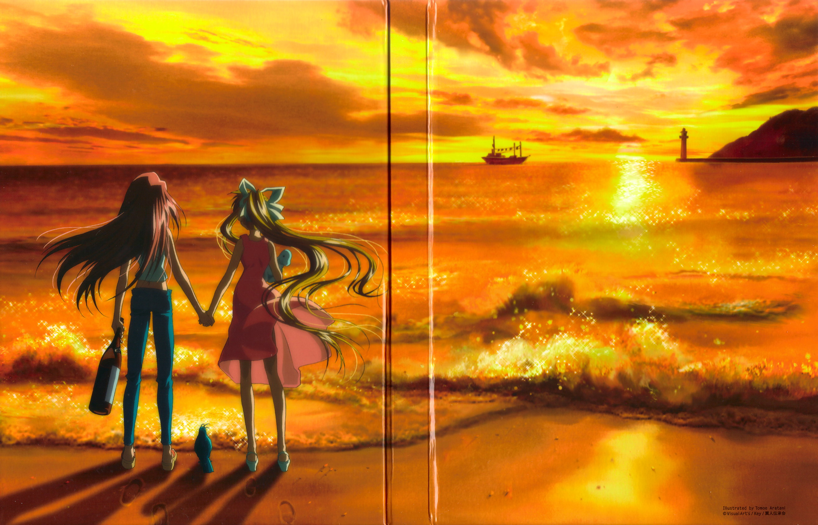aratani tomoe, kamio haruko, kamio misuzu, sora (air), air (visual novel), highres, official art, official wallpaper, scan, 00s, 2girls, alcohol, beach, bird, blonde hair, boat, bottle, cloud, cloudy sky, crow, dress, evening, footprints, from behind, holding hands, lighthouse, multiple girls, ocean, outdoors, pants, reflection, sake, ship, sky, stuffed animal, stuffed toy, sun, sunlight, sunset, water, watercraft, waves, wind