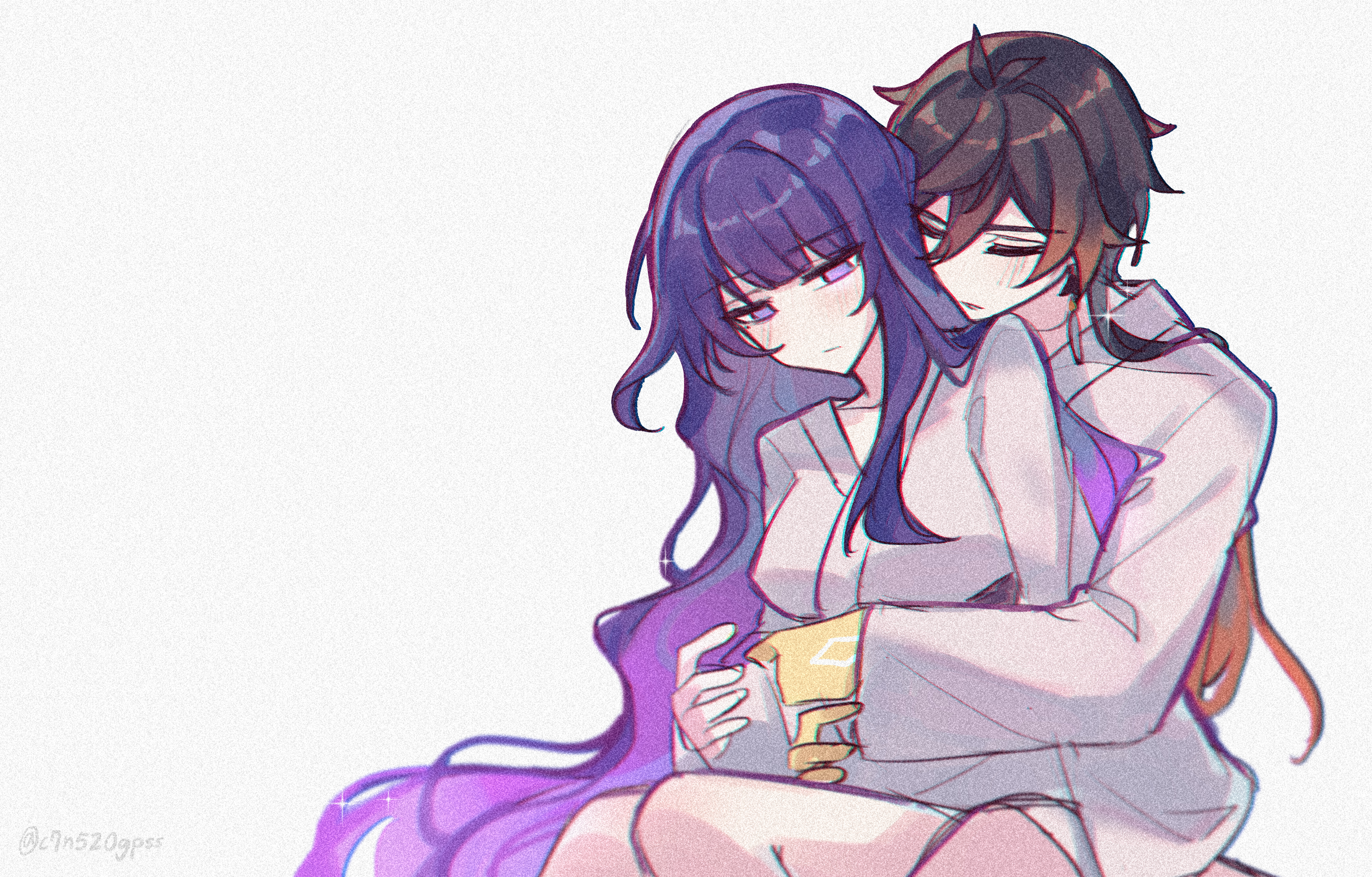 c520gpss, raiden shogun, zhongli (genshin impact), genshin impact, absurdres, chinese commentary, highres, 1boy, 1girl, alternate costume, antenna hair, blunt bangs, blush, closed mouth, collarbone, colored skin, couple, gradient hair, grey background, hair between eyes, hetero, hug, hug from behind, knees together feet apart, long hair, long sleeves, looking down, looking to the side, multicolored hair, multicolored skin, no pants, no pupils, purple eyes, robe, shade, simple background, sitting, sitting on person, streaked hair, two-tone skin, upper body, wavy hair, white robe