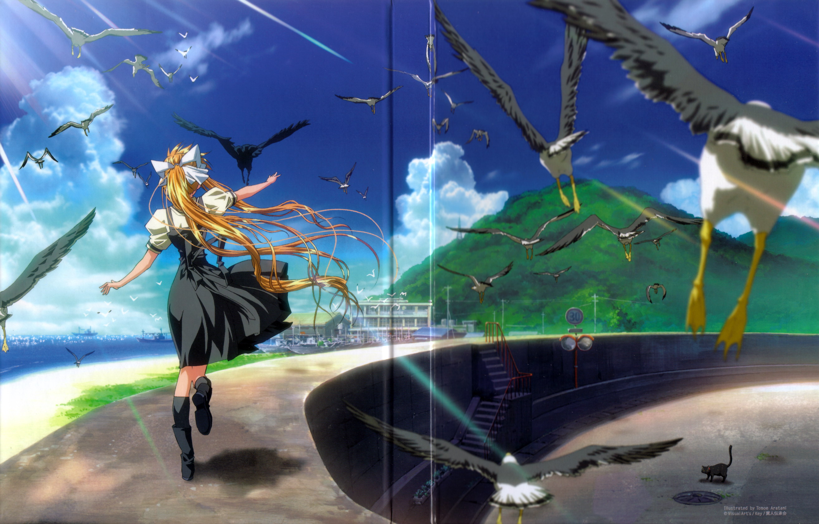 aratani tomoe, kamio misuzu, sora (air), air (visual novel), highres, official art, scan, 00s, 1girl, animal on arm, beach, bird, bird on arm, blonde hair, boots, building, cat, cloud, crow, day, female focus, from behind, grass, hair ornament, hair ribbon, horizon, light rays, long hair, mountain, ocean, outdoors, outstretched arm, ponytail, ribbon, sand, seagull, ship, sky, solo, sunbeam, sunlight, very long hair, water, watercraft, wind
