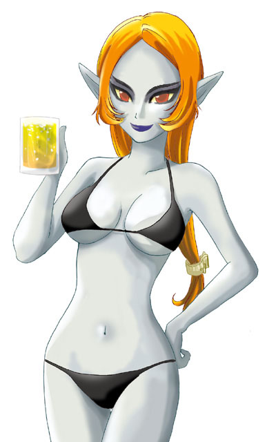 midna, midna (true), nintendo, the legend of zelda, the legend of zelda: twilight princess, spoilers, alcohol, beer, bikini, orange hair, pointy ears, ponytail, red eyes, solo, swimsuit