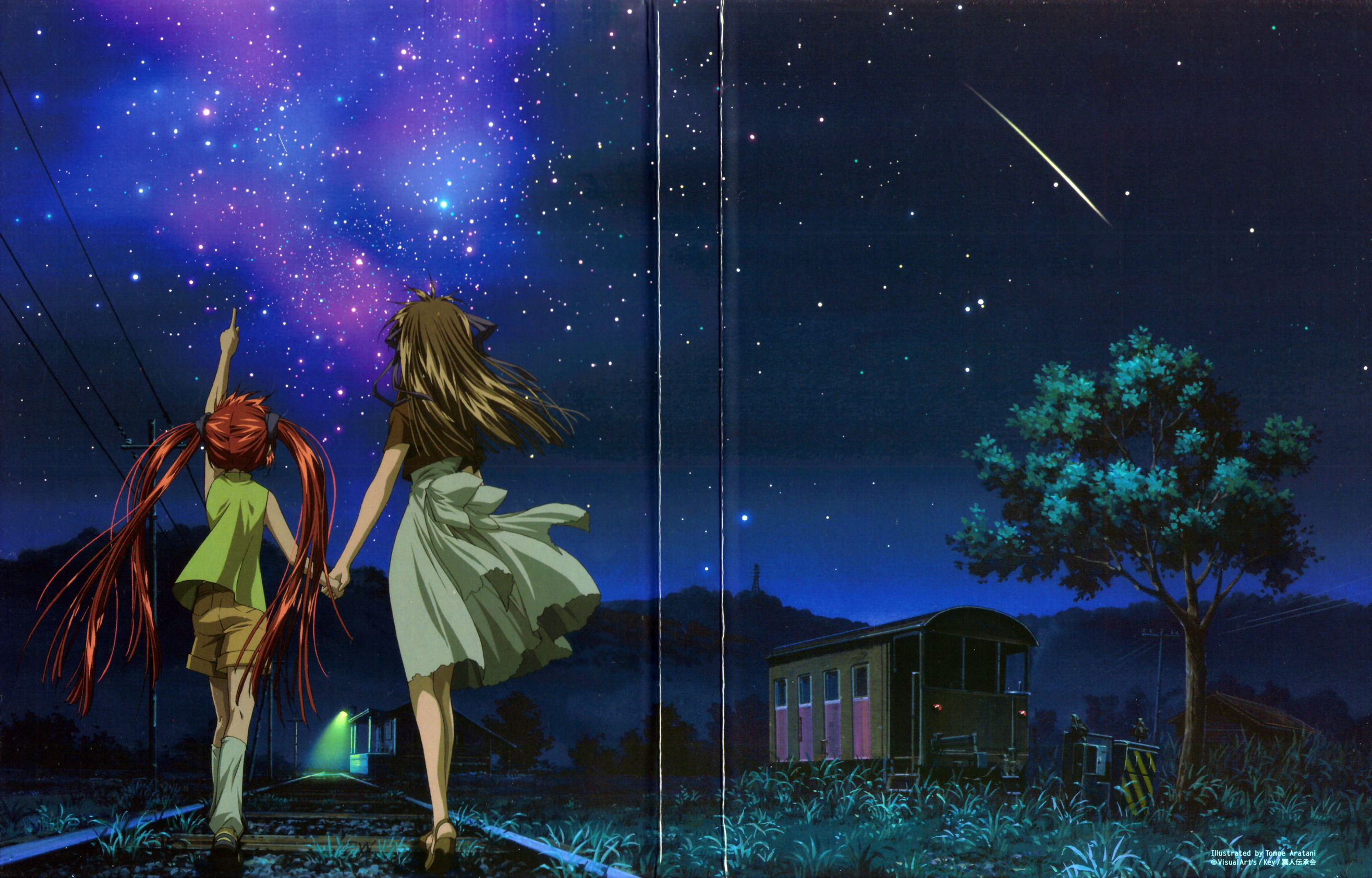 aratani tomoe, michiru (air), toono minagi, air (visual novel), highres, scan, 00s, 2girls, multiple girls, night, sky, star (sky), star (symbol), starry sky