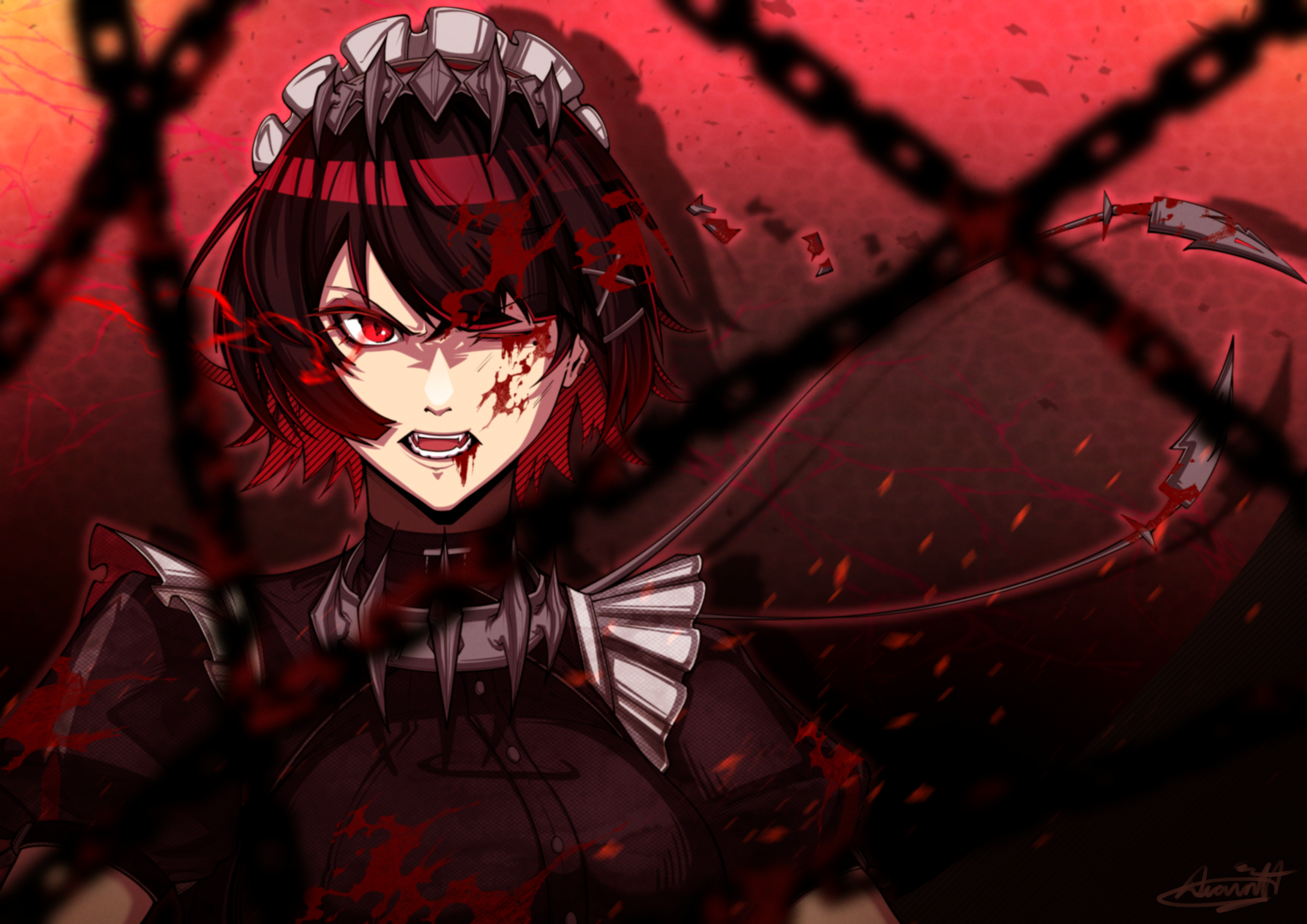 ellen joe, zenless zone zero, absurdres, highres, 1girl, artist name, black dress, black hair, blood, blood from mouth, blood in hair, blood on face, breasts, collar, dress, large breasts, maid headdress, multicolored hair, one eye closed, puffy short sleeves, puffy sleeves, quaint uplet, red eyes, red hair, short hair, short sleeves, signature, solo, spiked collar, spikes
