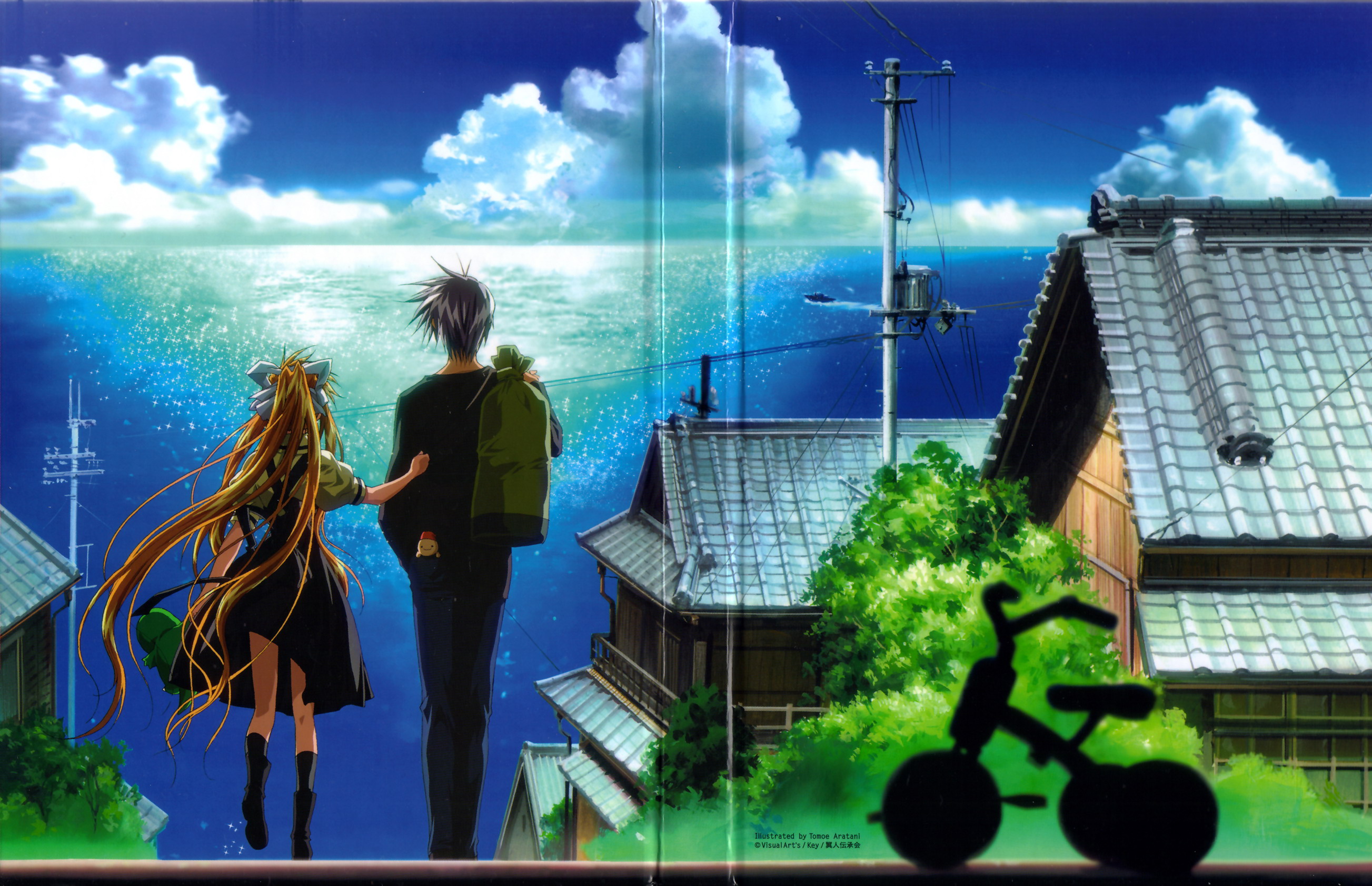 aratani tomoe, kamio misuzu, kunisaki yukito, air (visual novel), highres, official art, scan, 00s, beach, day, escene, long hair, very long hair