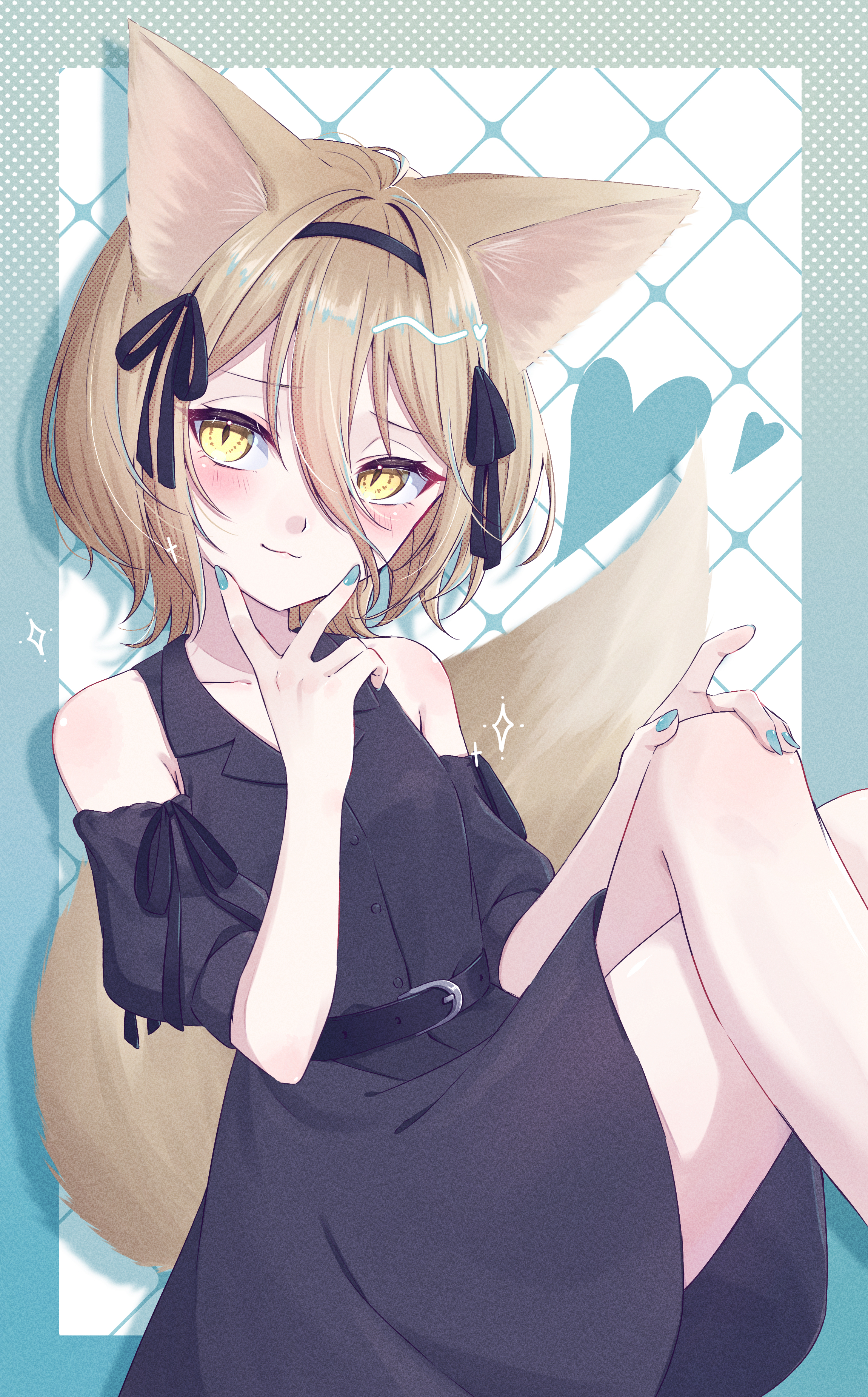 mizore arius, kudamaki tsukasa, touhou, absurdres, highres, 1girl, animal ears, bare shoulders, belt, black dress, black hairband, blonde hair, crossed legs, detached sleeves, dress, fox ears, fox girl, fox tail, hairband, hand on own knee, invisible chair, raised inner eyebrows, short hair, simple background, sitting, smile, tail, three-quarter sleeves, yellow eyes