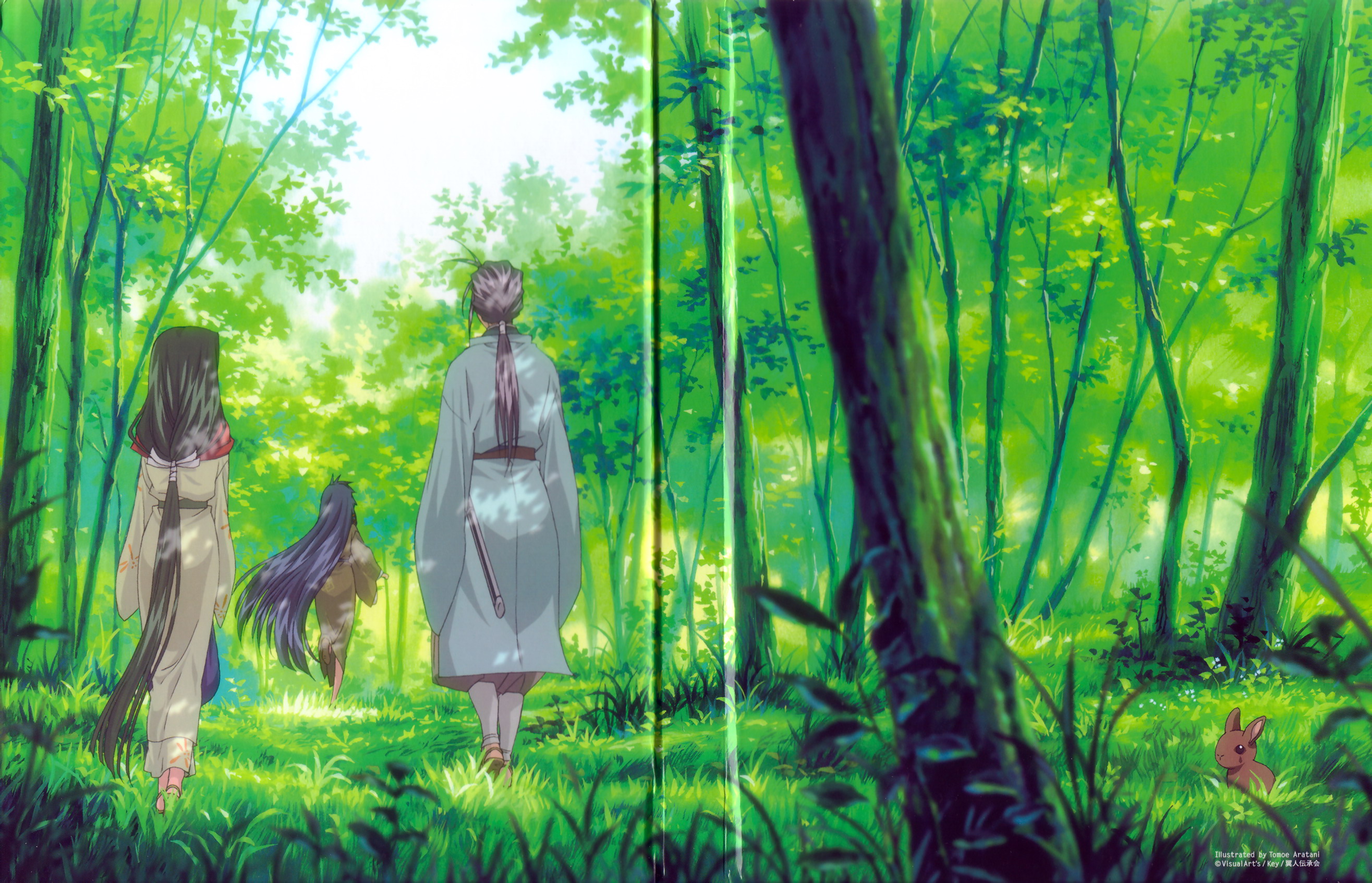 aratani tomoe, uraha, kannabi no mikoto, ryuuya, uraha (air), air (visual novel), highres, scan, 00s, 2girls, animal, bamboo, day, forest, from behind, long hair, low-tied long hair, multiple girls, nature, ponytail, tree, very long hair