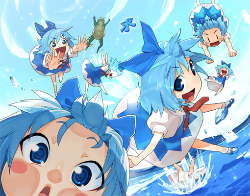shaa (halleluya), shue, cirno, embodiment of scarlet devil, touhou, 1girl, :d, against glass, blue eyes, blue hair, blush stickers, cheek squash, clone, close-up, day, excited, female focus, flying, frog, japanese text, open mouth, outstretched arms, short hair, sky, smile, splashing, spread arms, water, | |