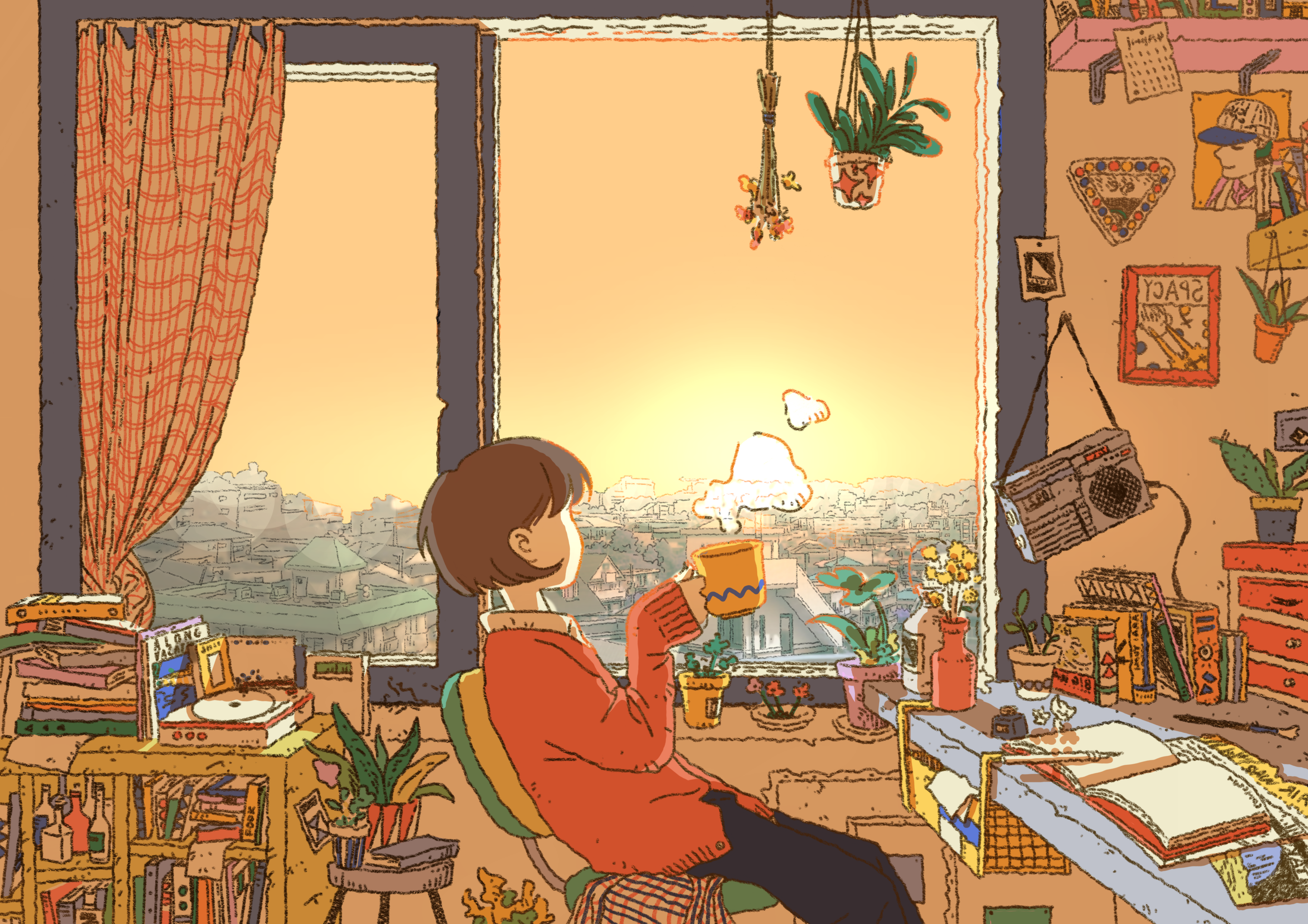 original, absurdres, commentary request, highres, 1girl, bedroom, black pants, book, bookshelf, brown hair, chair, cityscape, cup, curtains, desk, from side, hanging plant, holding, holding cup, indoors, long sleeves, looking to the side, mug, on chair, open book, orange sweater, pants, picture frame, pile of books, plant, potted plant, radio, short hair, sitting, slice of life, solo, steam, steaming cup, sweater, swivel chair, window, yomunashi