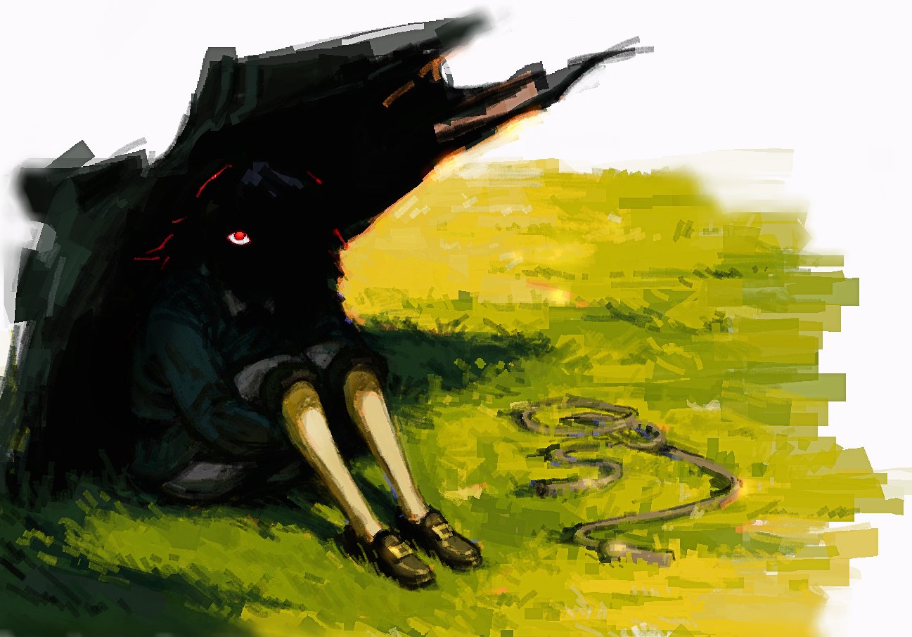 1boy, abaddon (haunted hotel), abaddon (human) (haunted hotel), blue coat, coat, eyes in shadow, grass, hands under legs, haunted hotel, knees up, long hair, male focus, outdoors, red eyes, rope, shadow, sitting, solo, tree, under tree, vaq04345