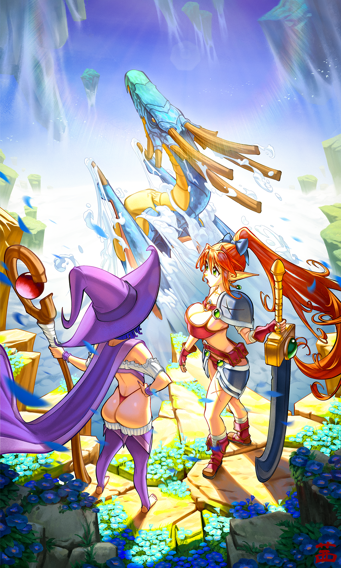 original, commentary request, highres, 2girls, ankle boots, armor, ass, belt, belt pouch, bikini, blue bow, blue flower, blue hair, blue sky, boots, bow, breasts, cape, cross scar, day, dragon, earrings, elf, fantasy, feet, fingerless gloves, fingernails, floating hair, flower, flying, gem, gloves, green eyes, green gemstone, green nails, hair bow, hand on own hip, hat, holding, holding staff, holding sword, holding weapon, huge weapon, jewelry, large breasts, lens flare, long hair, long pointy ears, mage staff, multiple girls, nail polish, ninfnyx, no shoes, open mouth, outdoors, panties, pauldrons, pointy ears, ponytail, pouch, purple cape, purple hat, purple nails, purple thighhighs, red belt, red bikini, red boots, red gloves, red hair, red panties, scar, scar on leg, short hair, shoulder armor, single pauldron, sky, sphere earrings, staff, standing, stirrup legwear, swimsuit, sword, thighhighs, thong, toeless legwear, toes, underwear, very long hair, weapon, western dragon, witch hat, wizard