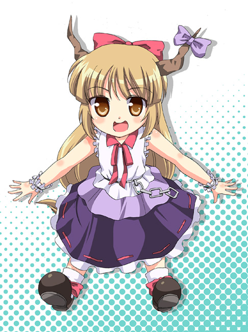 kanae arisu, ibuki suika, touhou, 1girl, brown eyes, brown hair, chibi, female focus, horns, solo